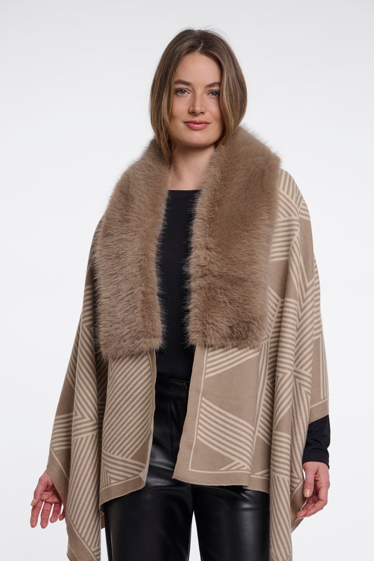 Rino & Pelle Hanley Printed Cape with Faux Fur in Birch Toffee