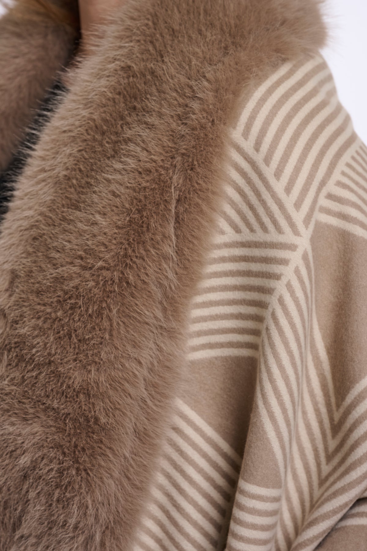Rino & Pelle Hanley Printed Cape with Faux Fur in Birch Toffee
