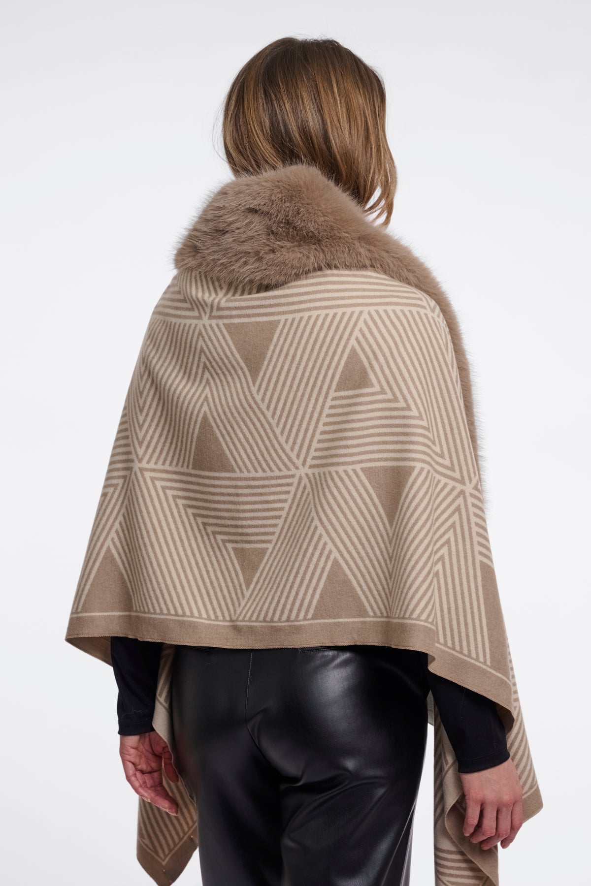 Rino & Pelle Hanley Printed Cape with Faux Fur in Birch Toffee