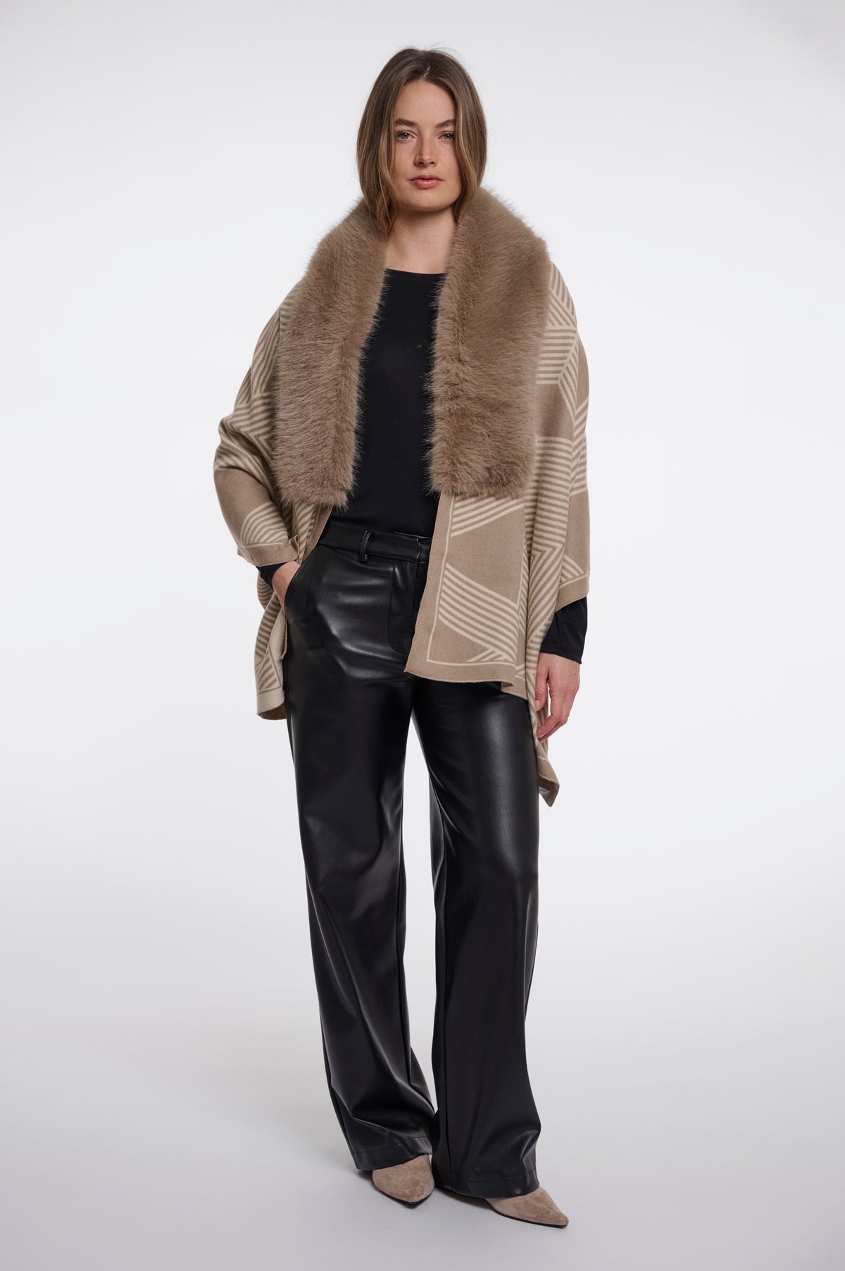 Rino & Pelle Hanley Printed Cape with Faux Fur in Birch Toffee