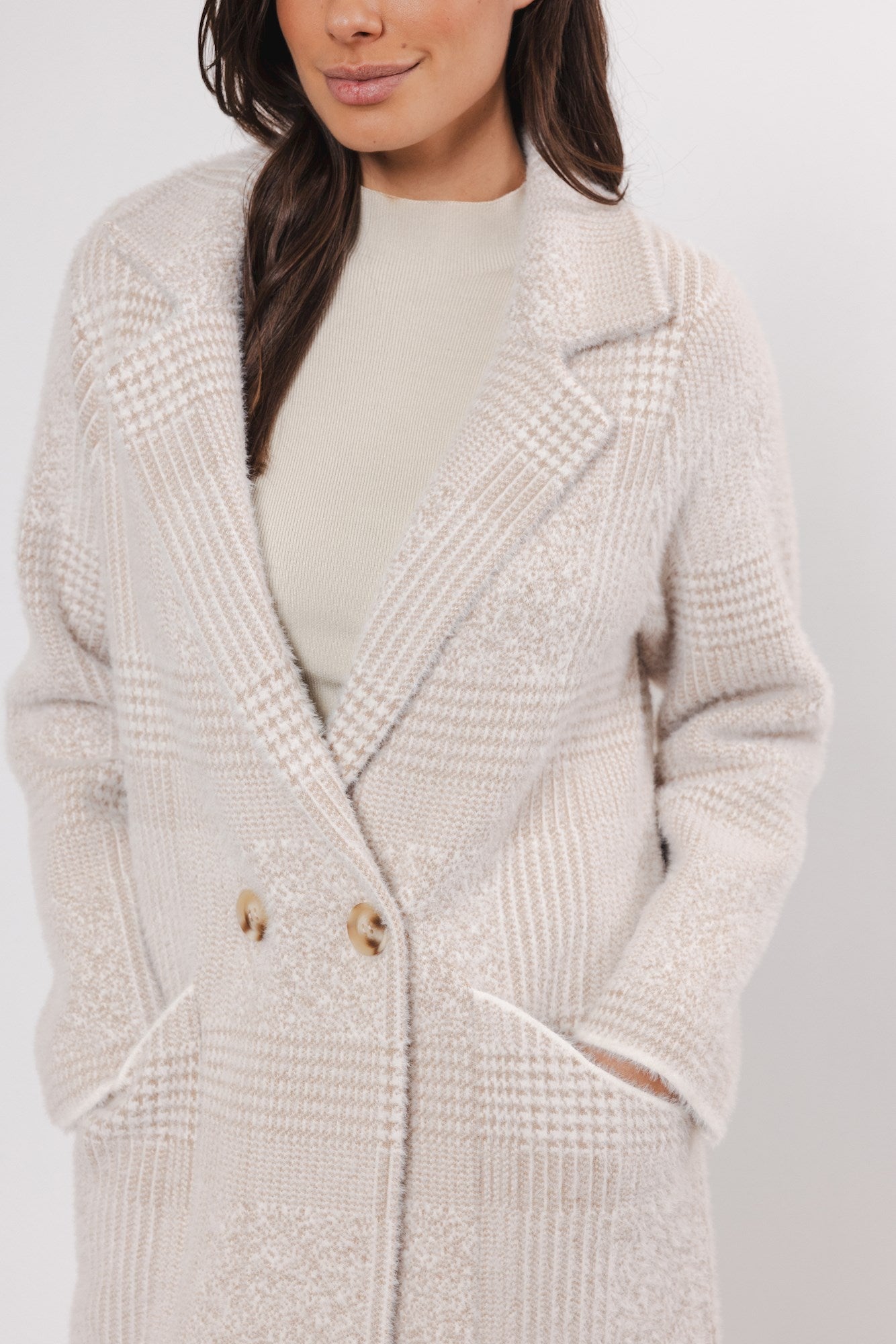 Madina Double-Breasted Cardigan in Stone Check