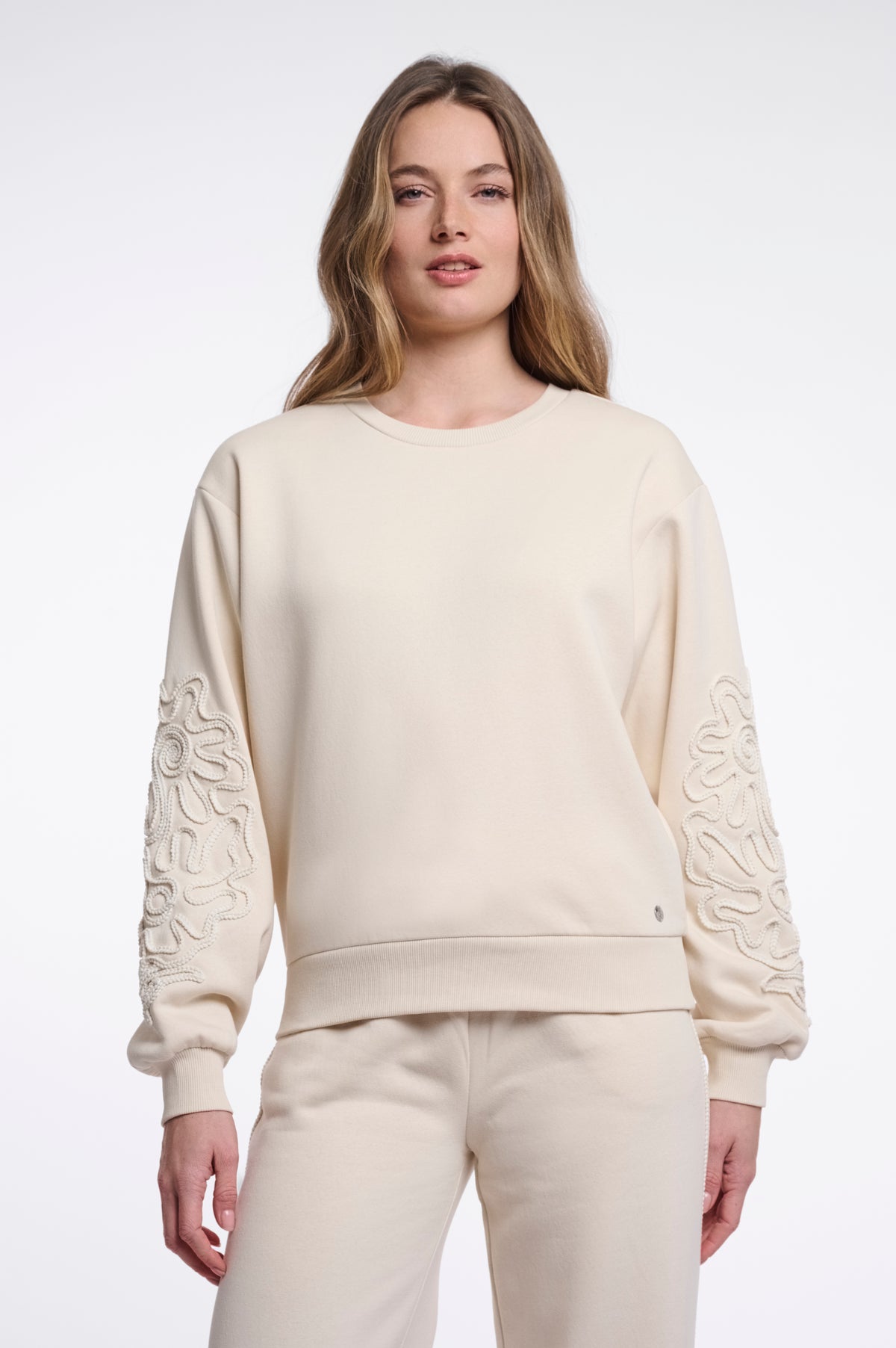 Rino & Pelle Manar Crew Neck Jumper with Appliqué Sleeves in Off White