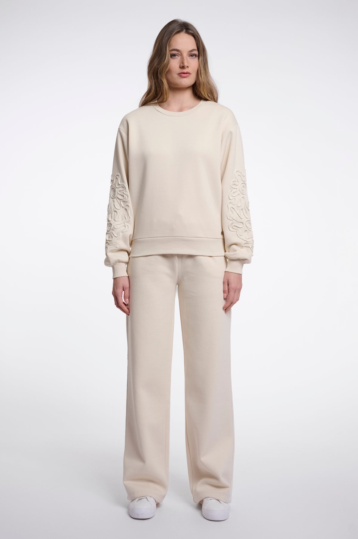 Rino & Pelle Manar Crew Neck Jumper with Appliqué Sleeves in Off White