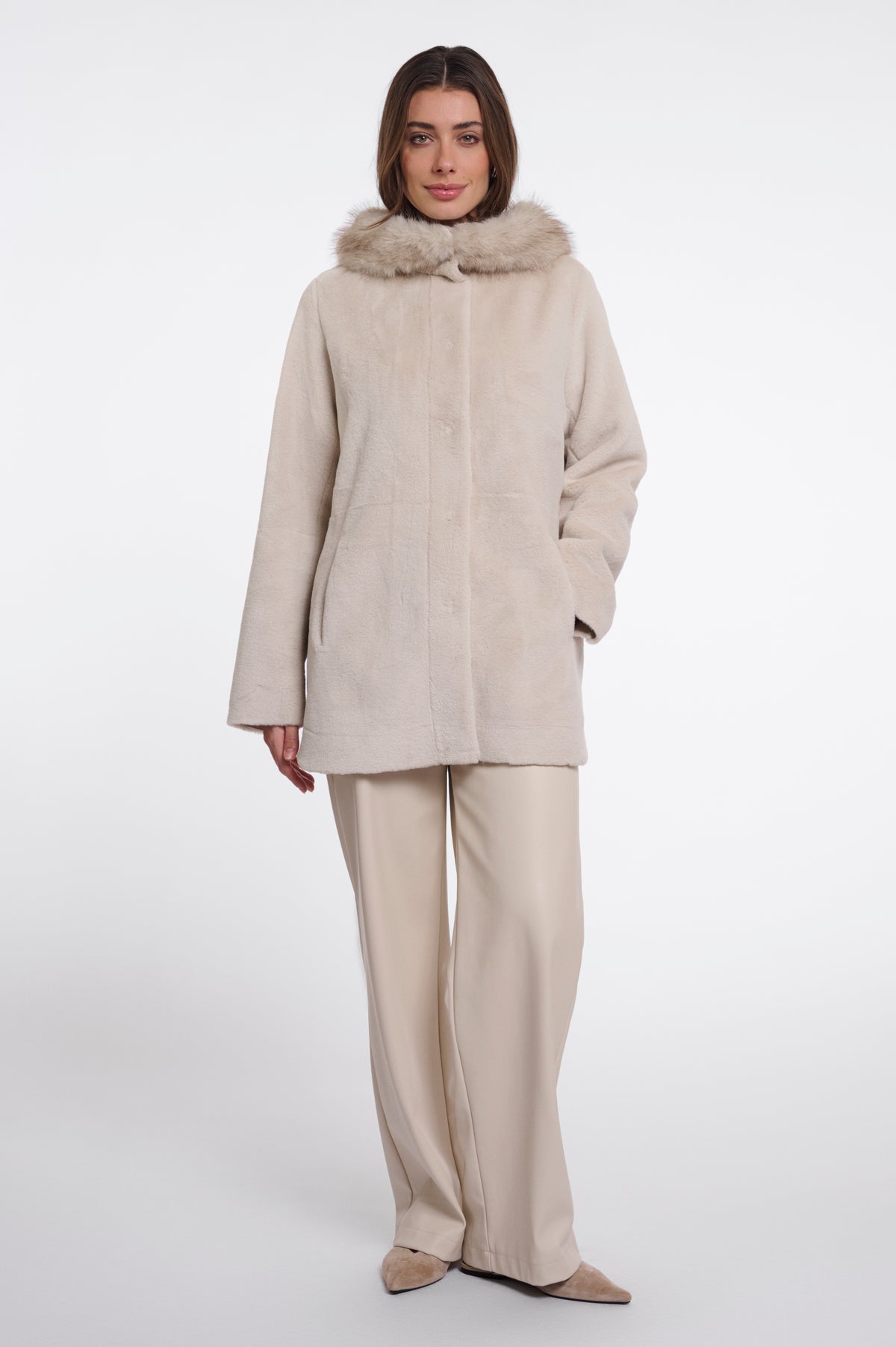 Rino & Pelle Mans Faux Fur Coat with Detachable Hood in Birch