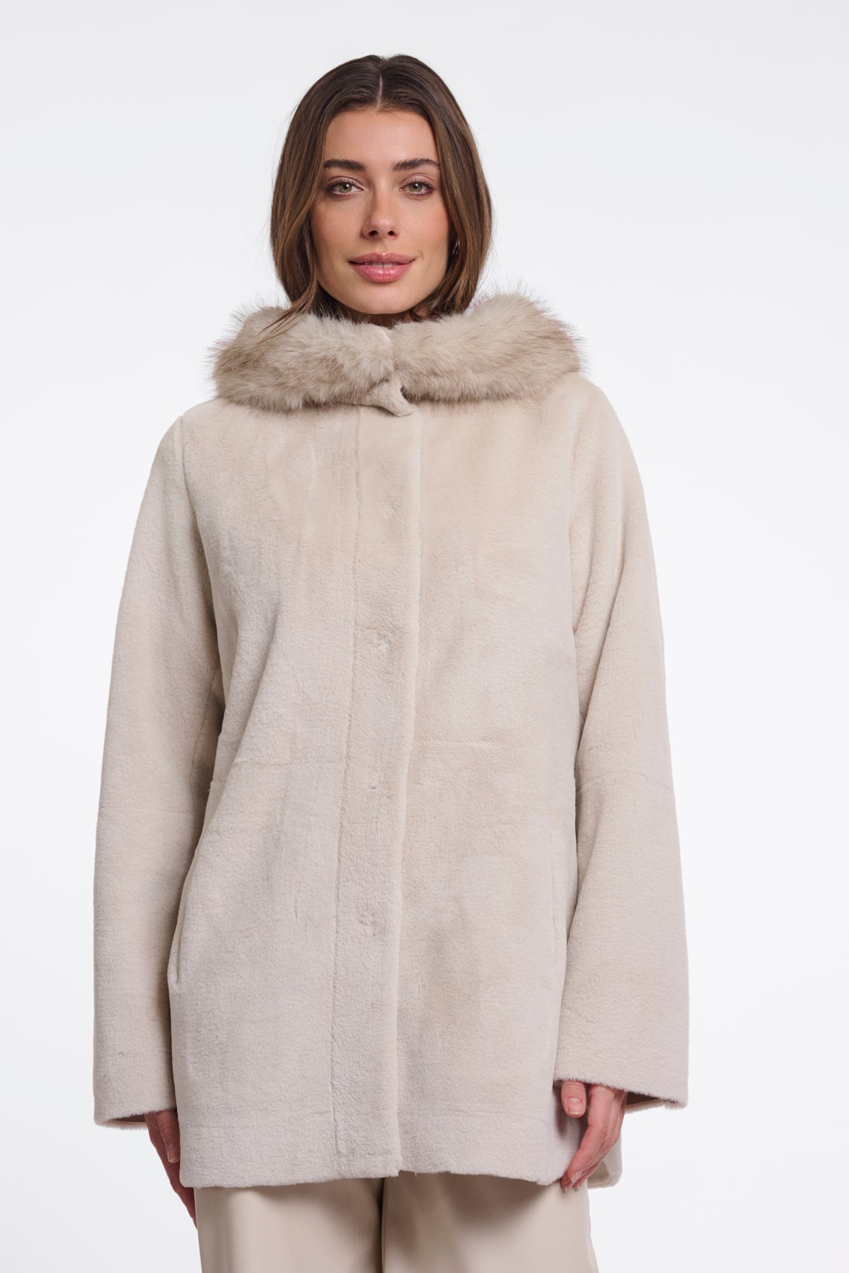 Rino & Pelle Mans Faux Fur Coat with Detachable Hood in Birch
