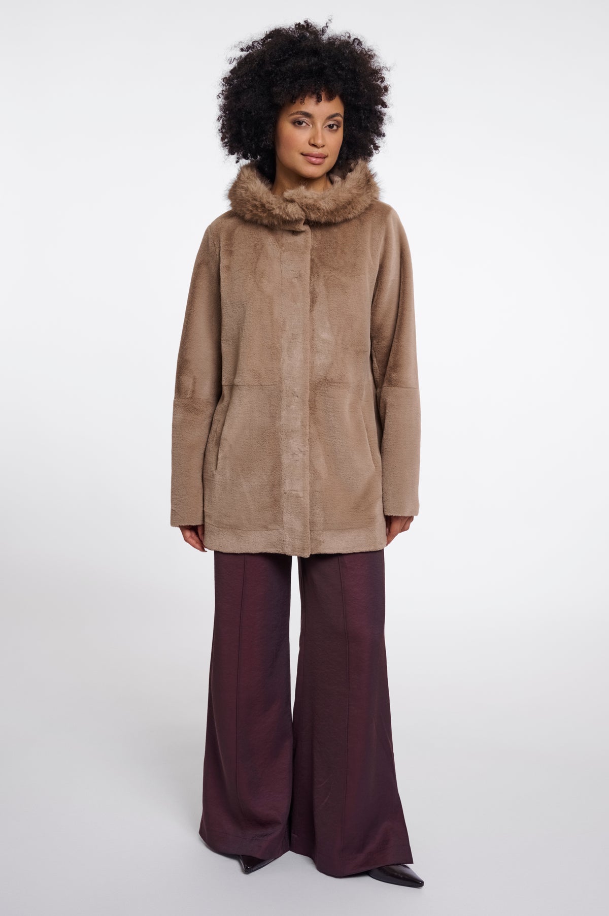 Rino & Pelle Mans Faux Fur Coat with Detachable Hood in Toffee