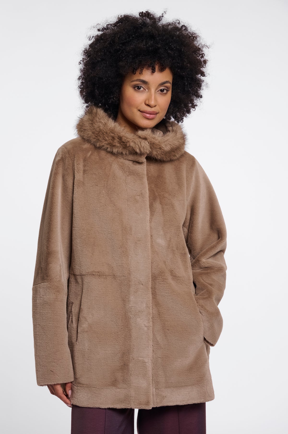 Rino & Pelle Mans Faux Fur Coat with Detachable Hood in Toffee