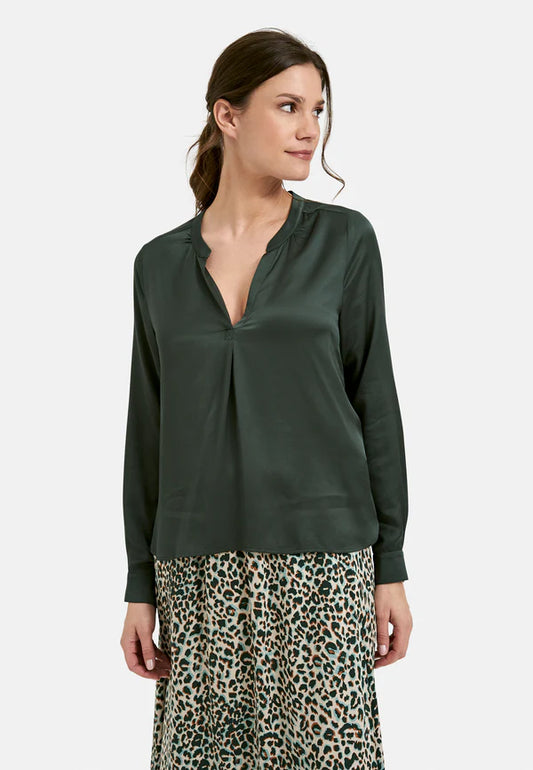 Satin V-Neck Blouse in Forest Green