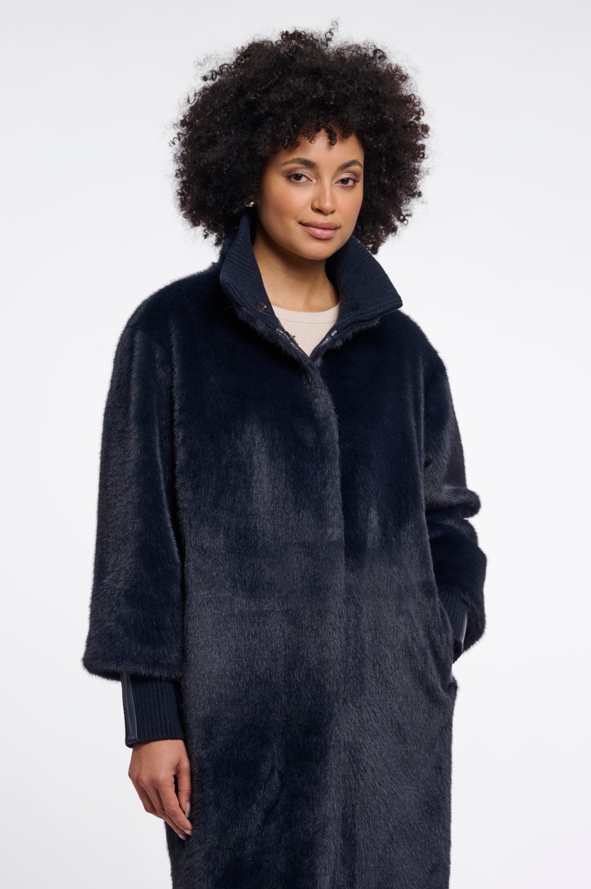 Rino & Pelle Pilar Faux Fur Jacket with Rib Cuffs in Dark Navy