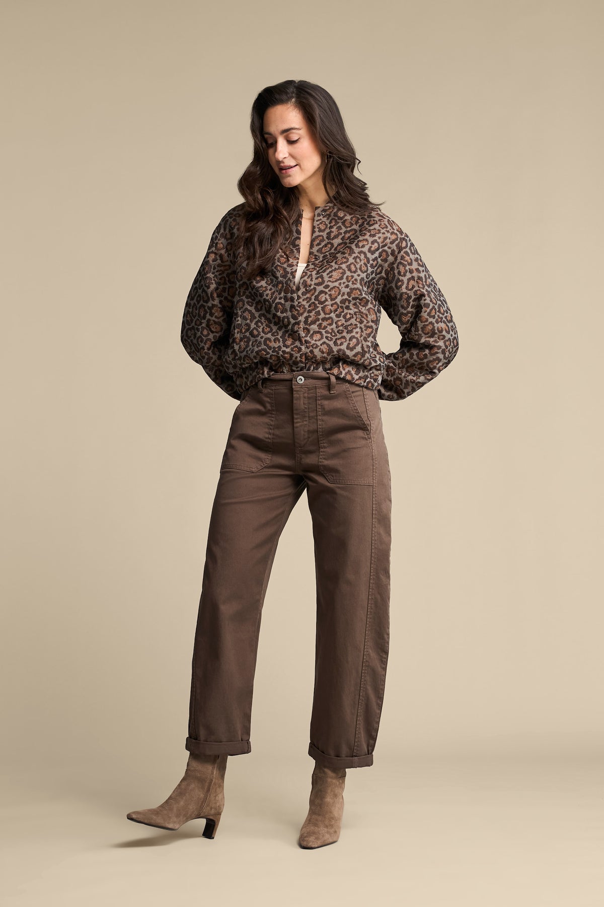 Red Button Jacquard Lurex Bomber Jacket in Grey Brown - styled on model
