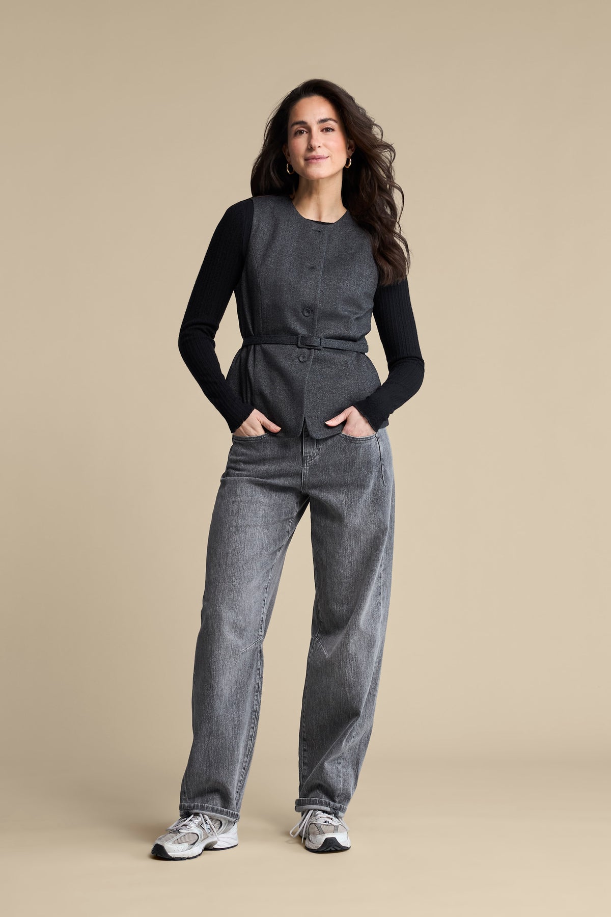 Red Button Sarah Sleeveless Herringbone Waistcoat in Grey Black - styled on model