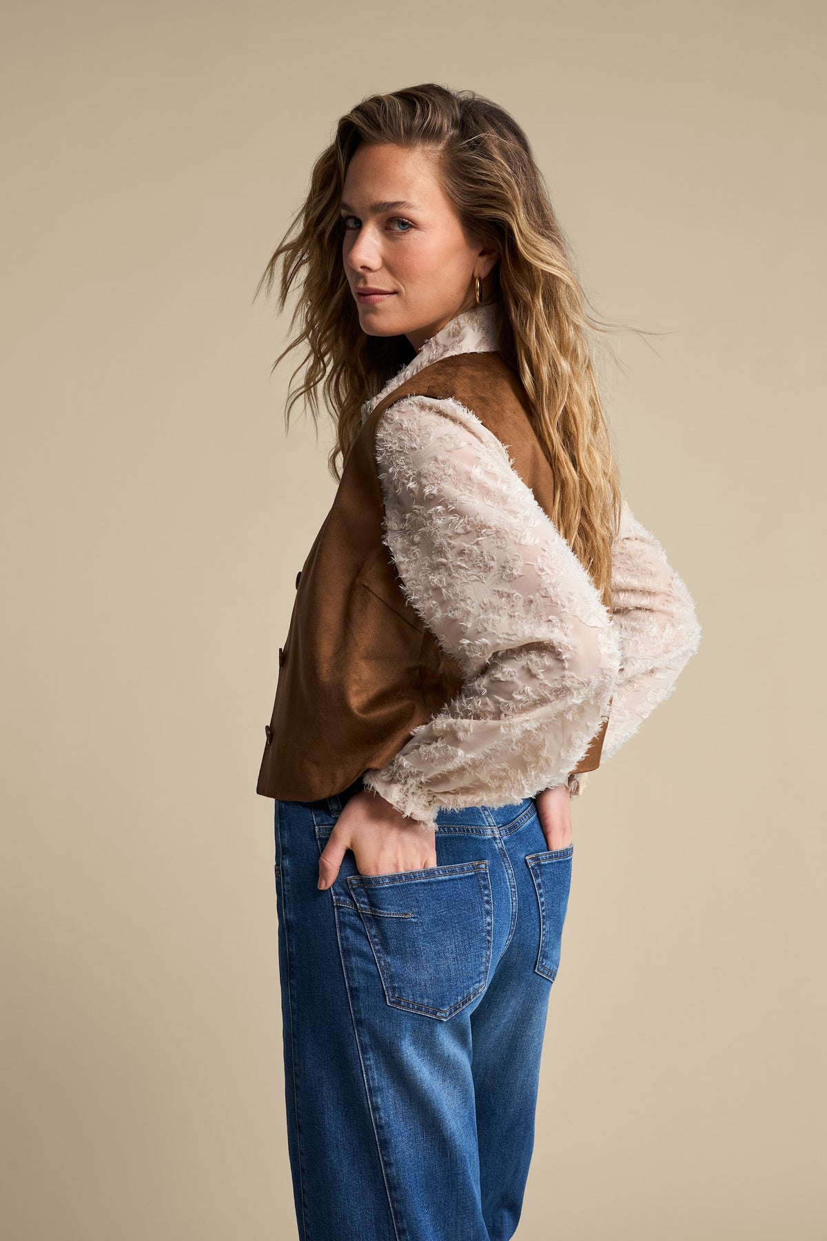 Red Button Fringe Detail Blouse in Off White - styled on model