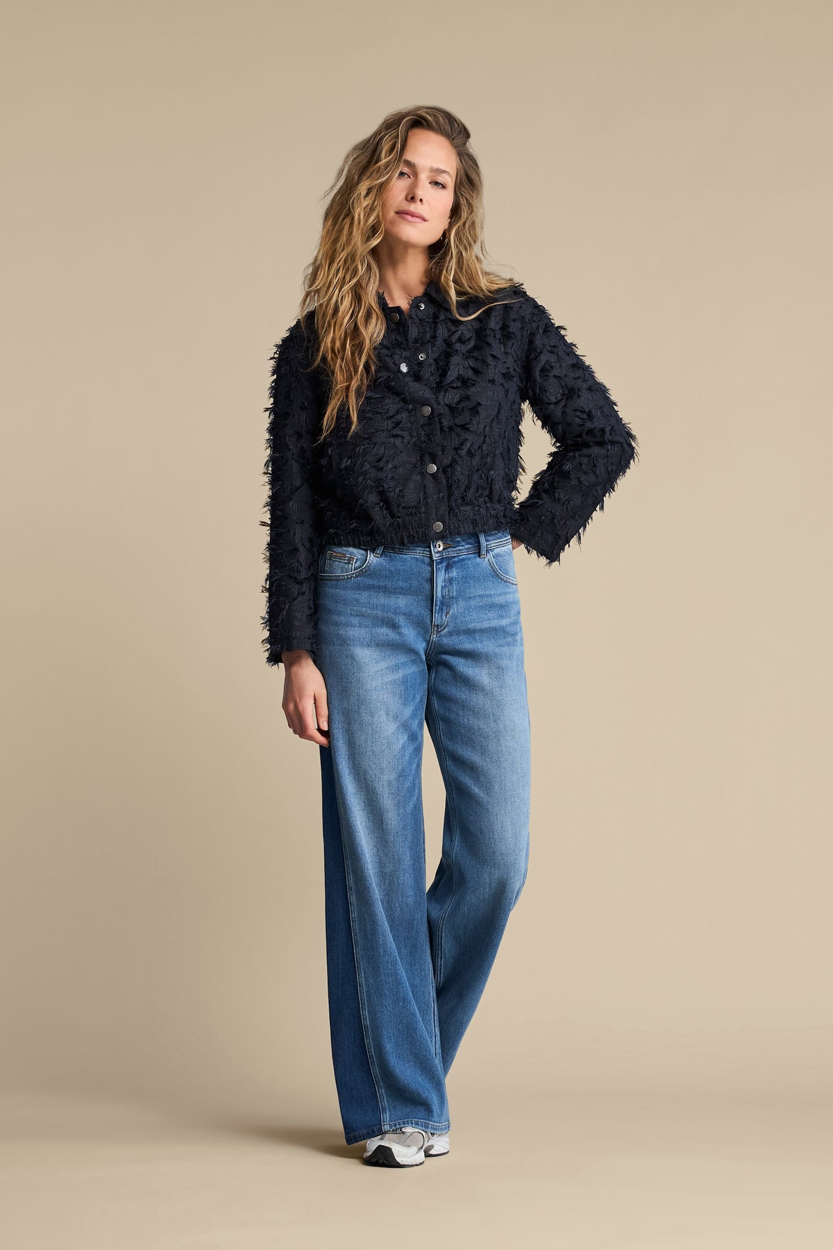 Red Button Fringe Bomber Jacket in Navy - styled on model