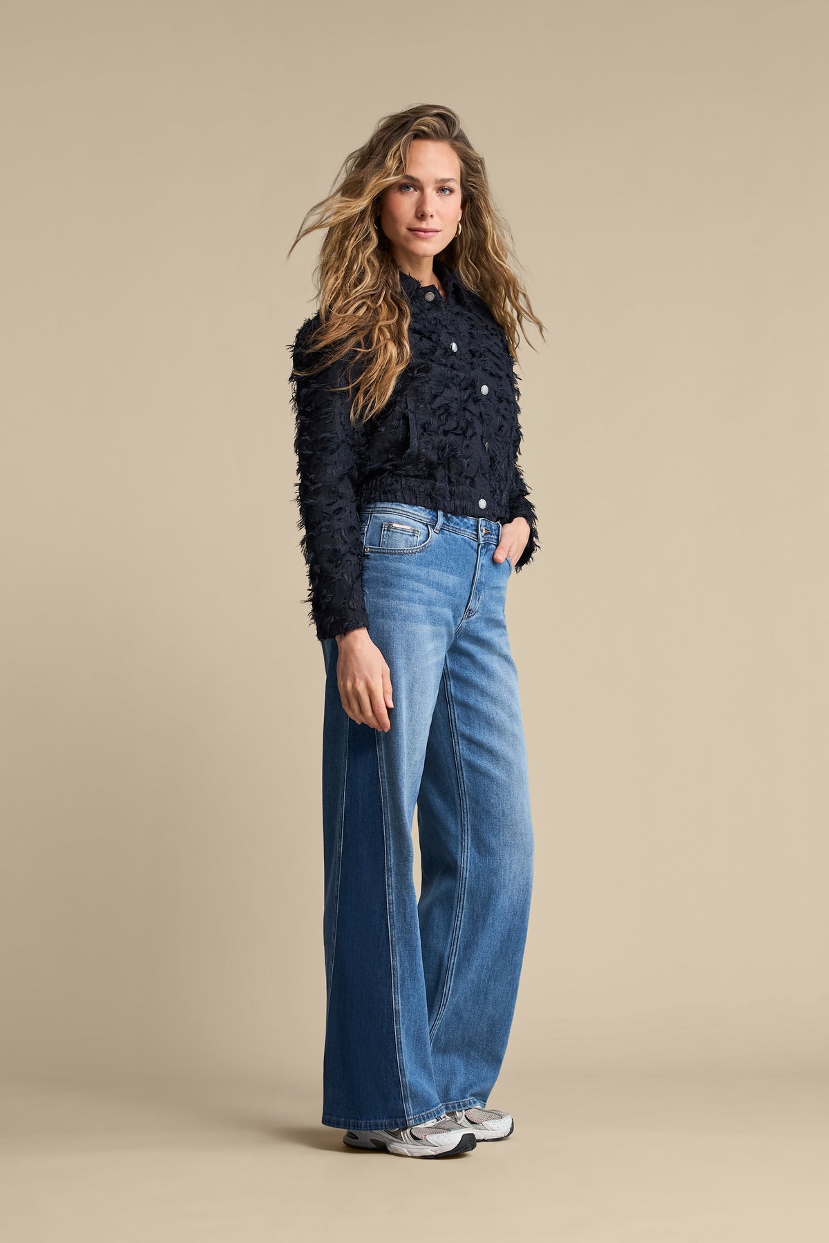 Red Button Fringe Bomber Jacket in Navy - styled on model