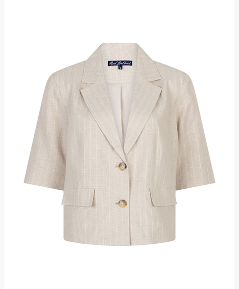 Red Button Short-Sleeve Linen Blazer in Pebble