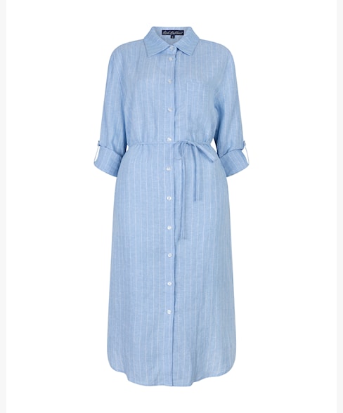 Red Button Pinstripe Linen Shirt Dress in Light Blue