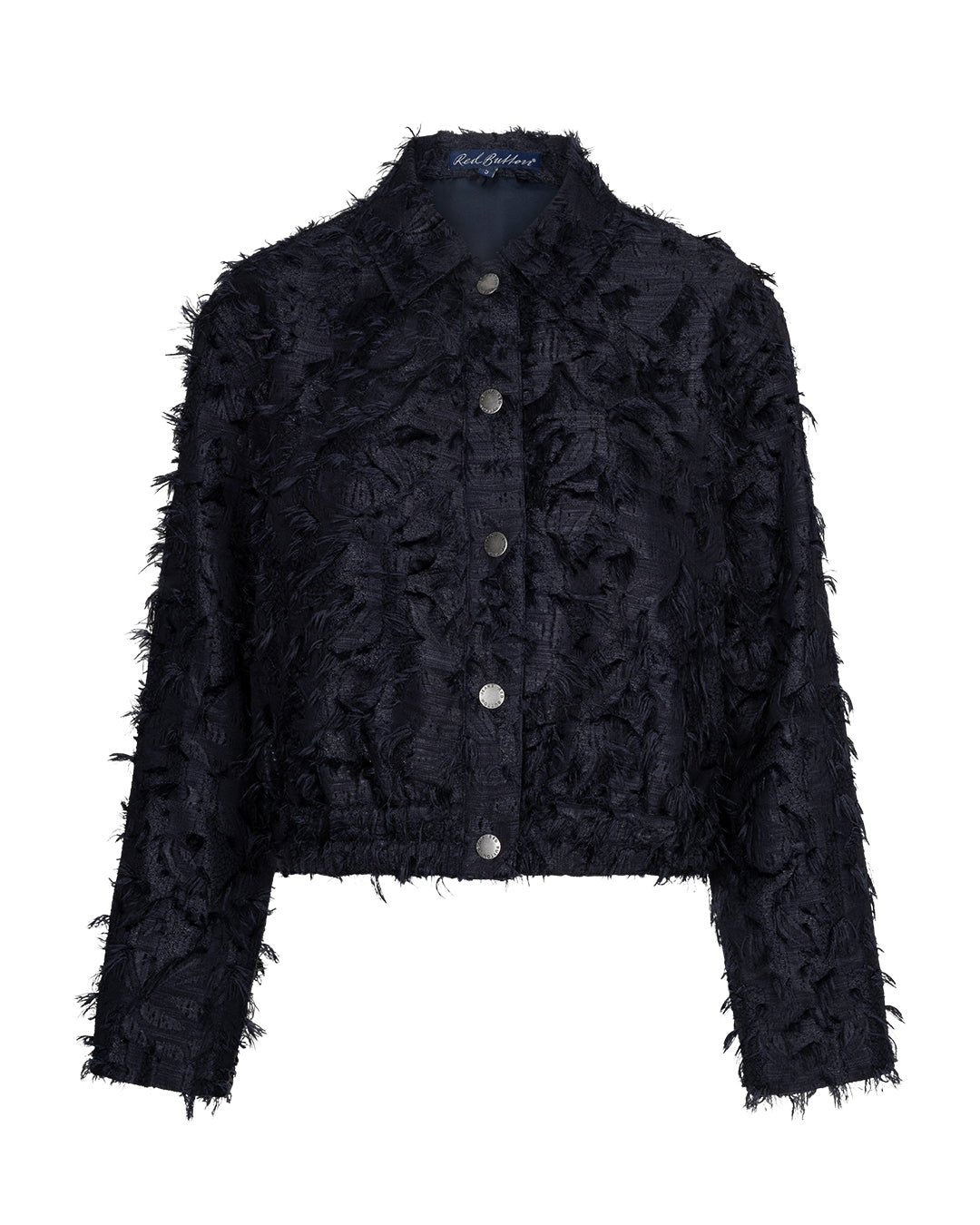Red Button Fringe Bomber Jacket in Navy