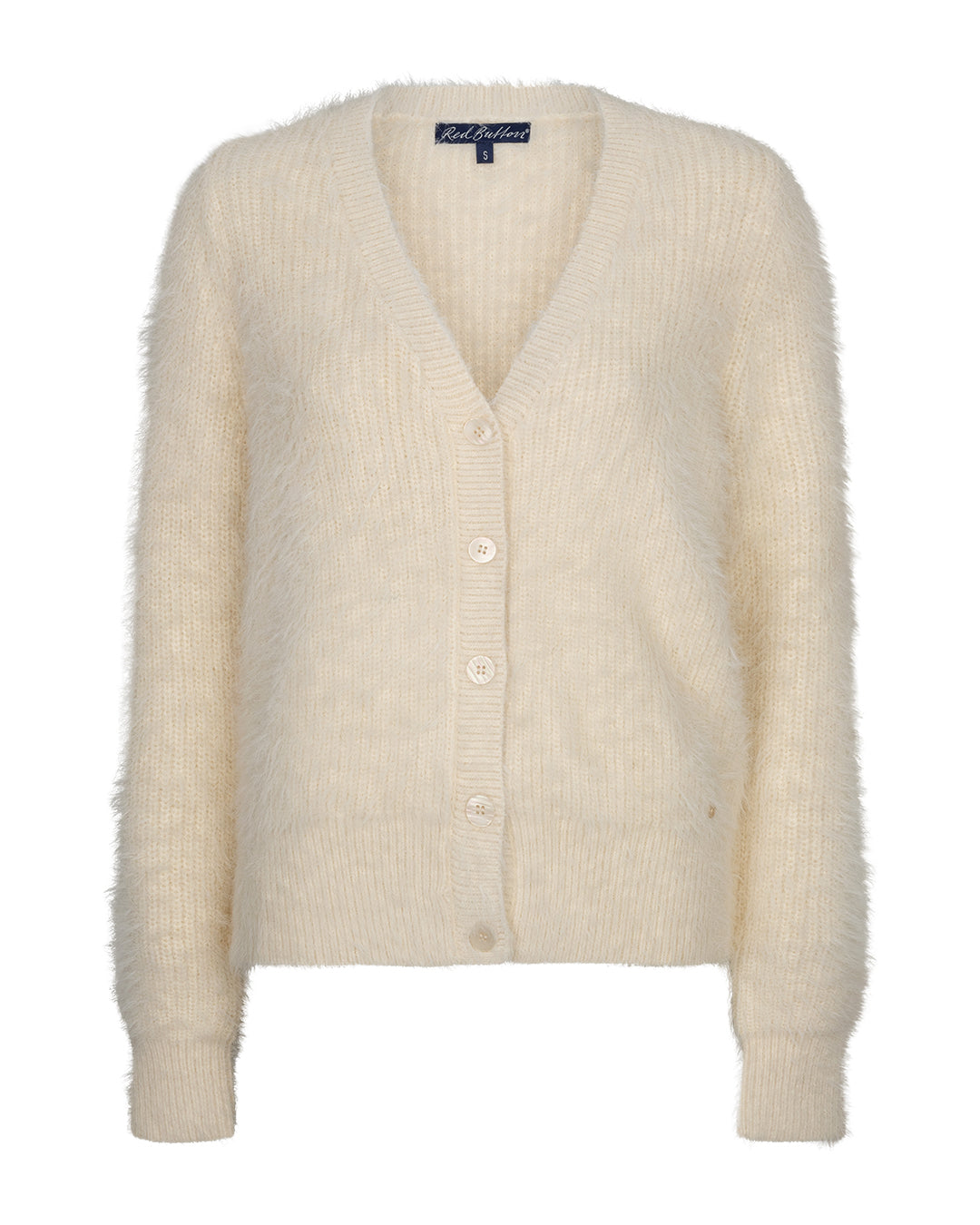Red Button Fuzzy Knit Cardigan in Cream