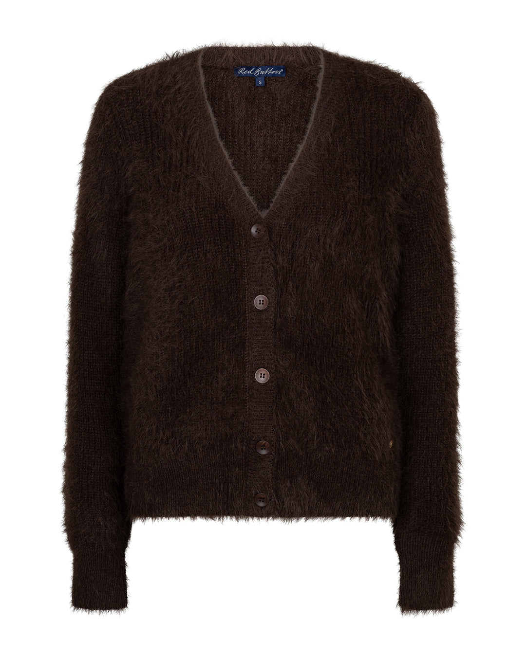 Red Button Fuzzy Knit Cardigan in Espresso