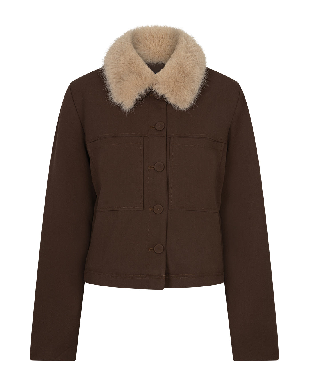 Red Button Jacket with Faux Fur Collar in Brown