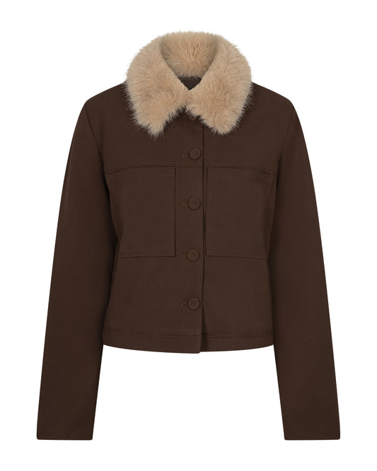 Red Button Jacket with Faux Fur Collar in Brown
