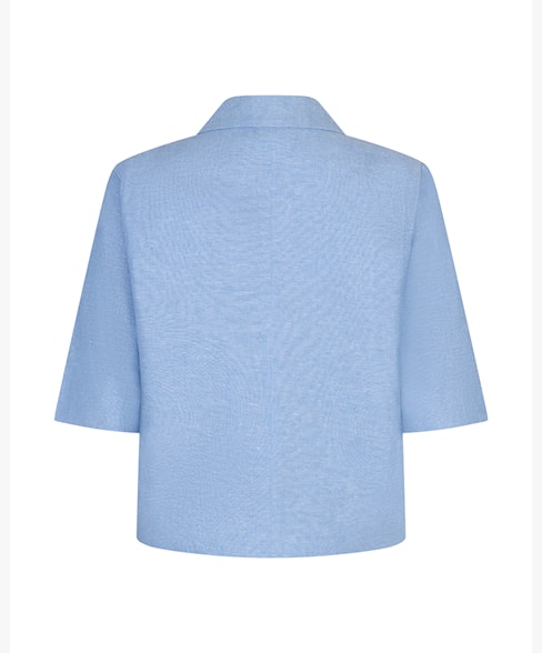 Red Button Short-Sleeve Linen Blazer in Light Blue