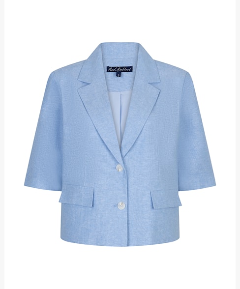 Red Button Short-Sleeve Linen Blazer in Light Blue