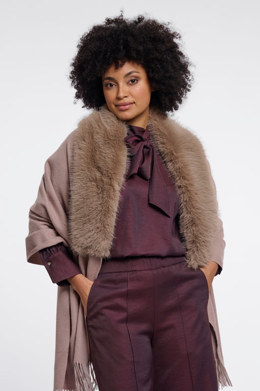 Rino & Pelle Wendy Fringed Cape with Faux Fur Collar in Mocha Latte