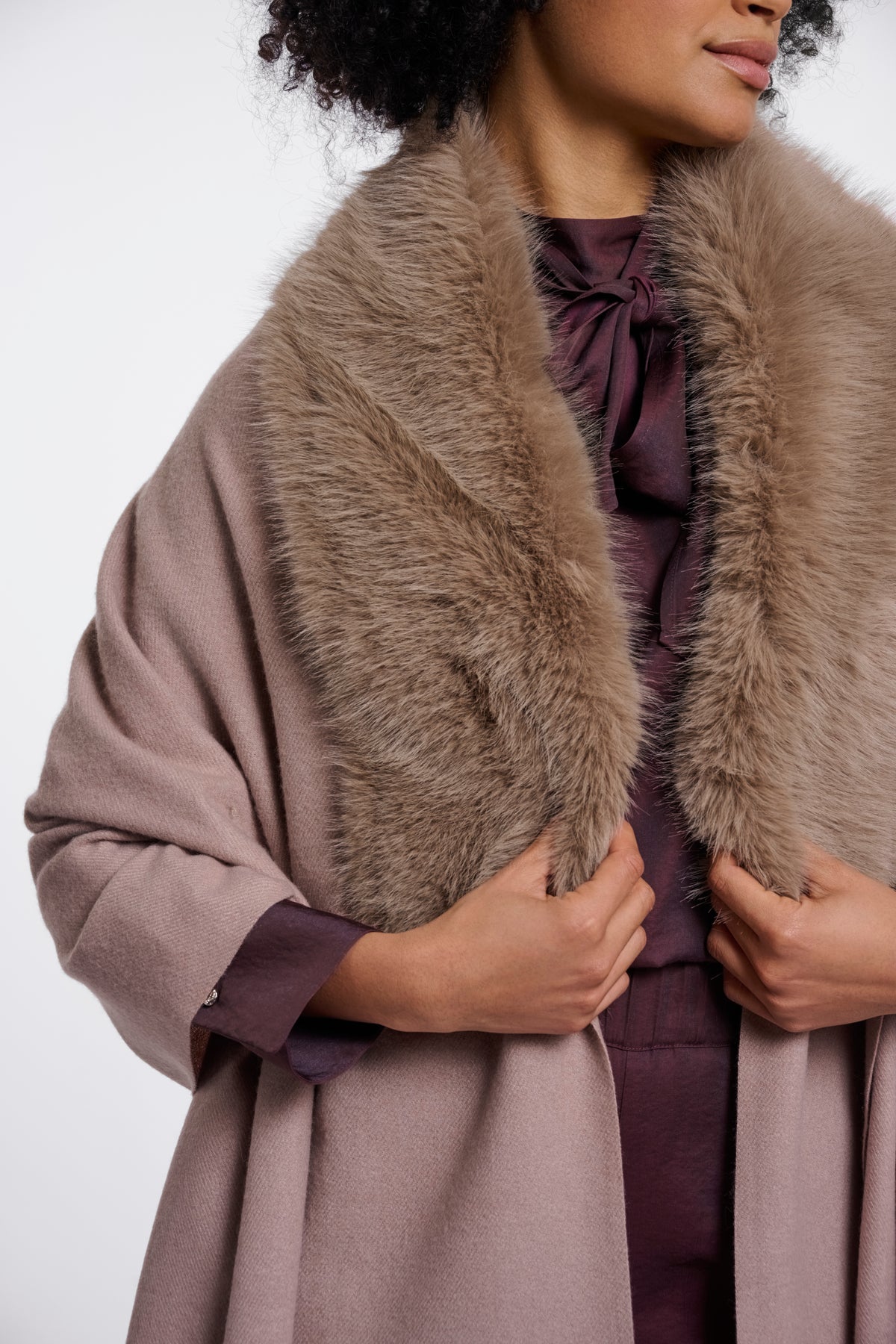 Rino & Pelle Wendy Fringed Cape with Faux Fur Collar in Mocha Latte