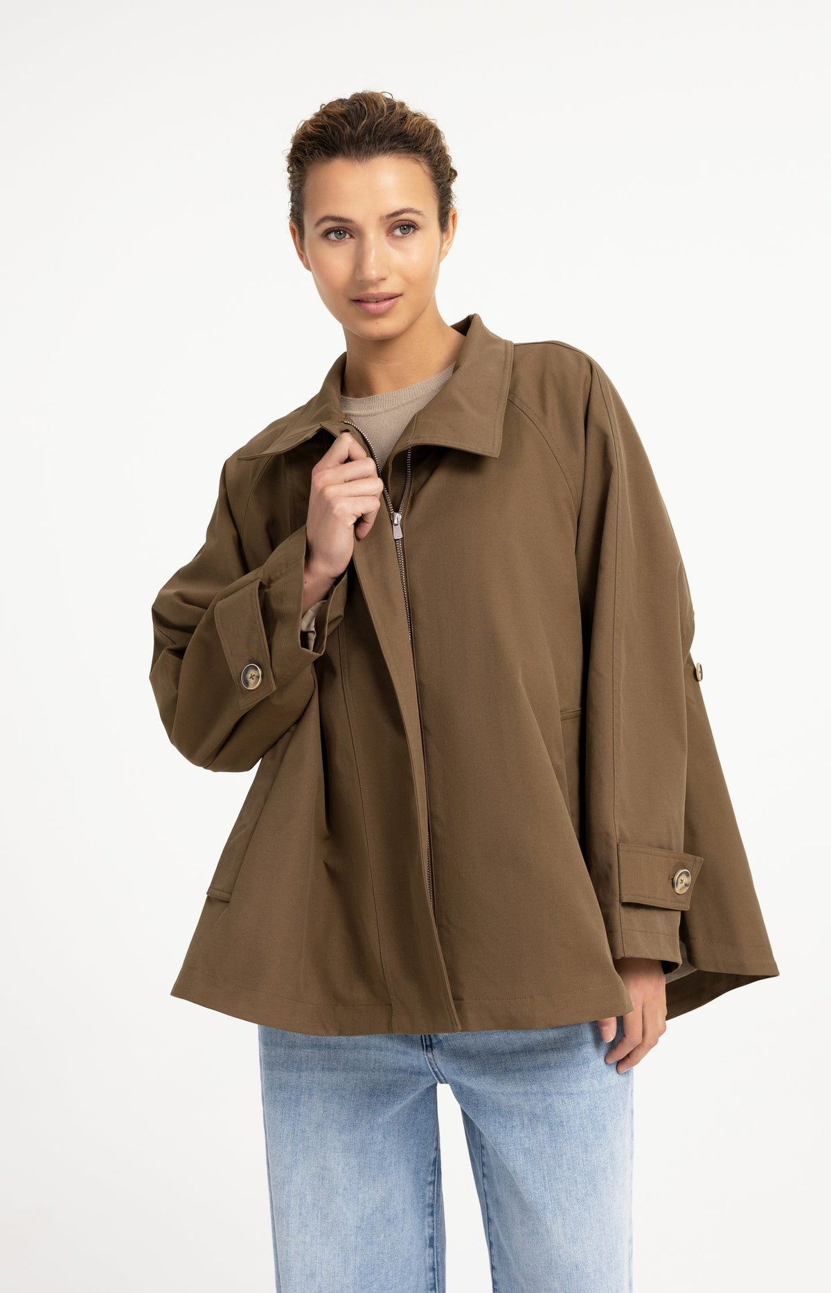 YAYA A-Line Trench Jacket with Stand Collar in Teak Brown