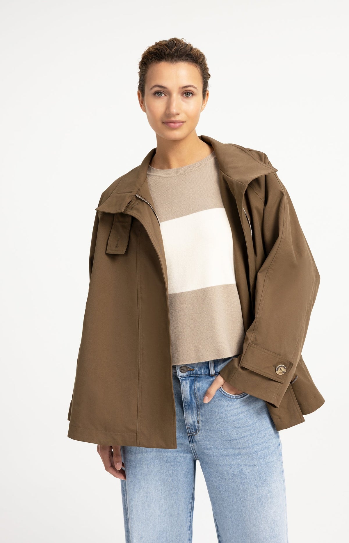 YAYA A-Line Trench Jacket with Stand Collar in Teak Brown