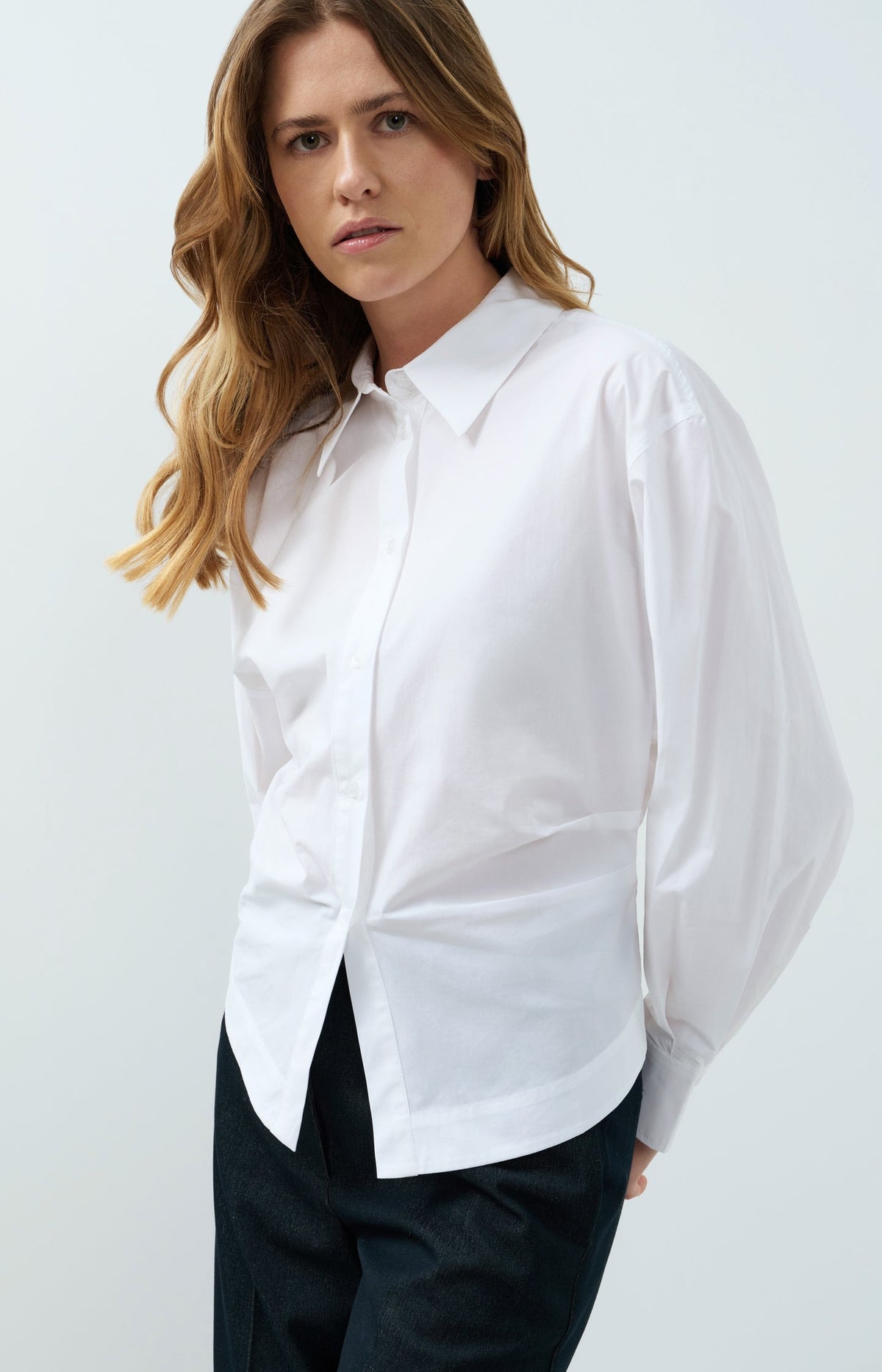 YAYA Cotton Blouse with Waist Detail in Pure White
