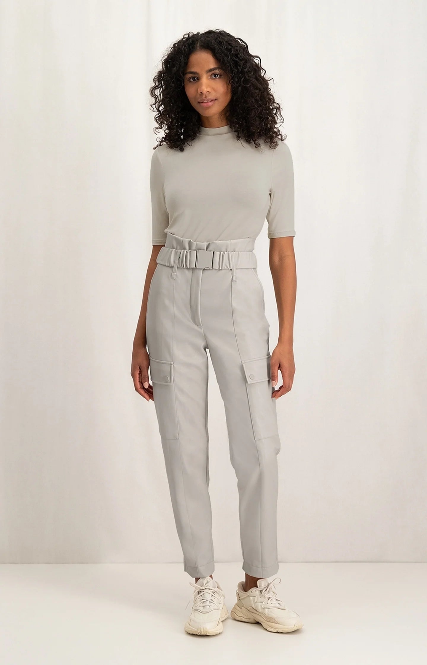 YAYA Faux Leather Cargo Trousers in Beige