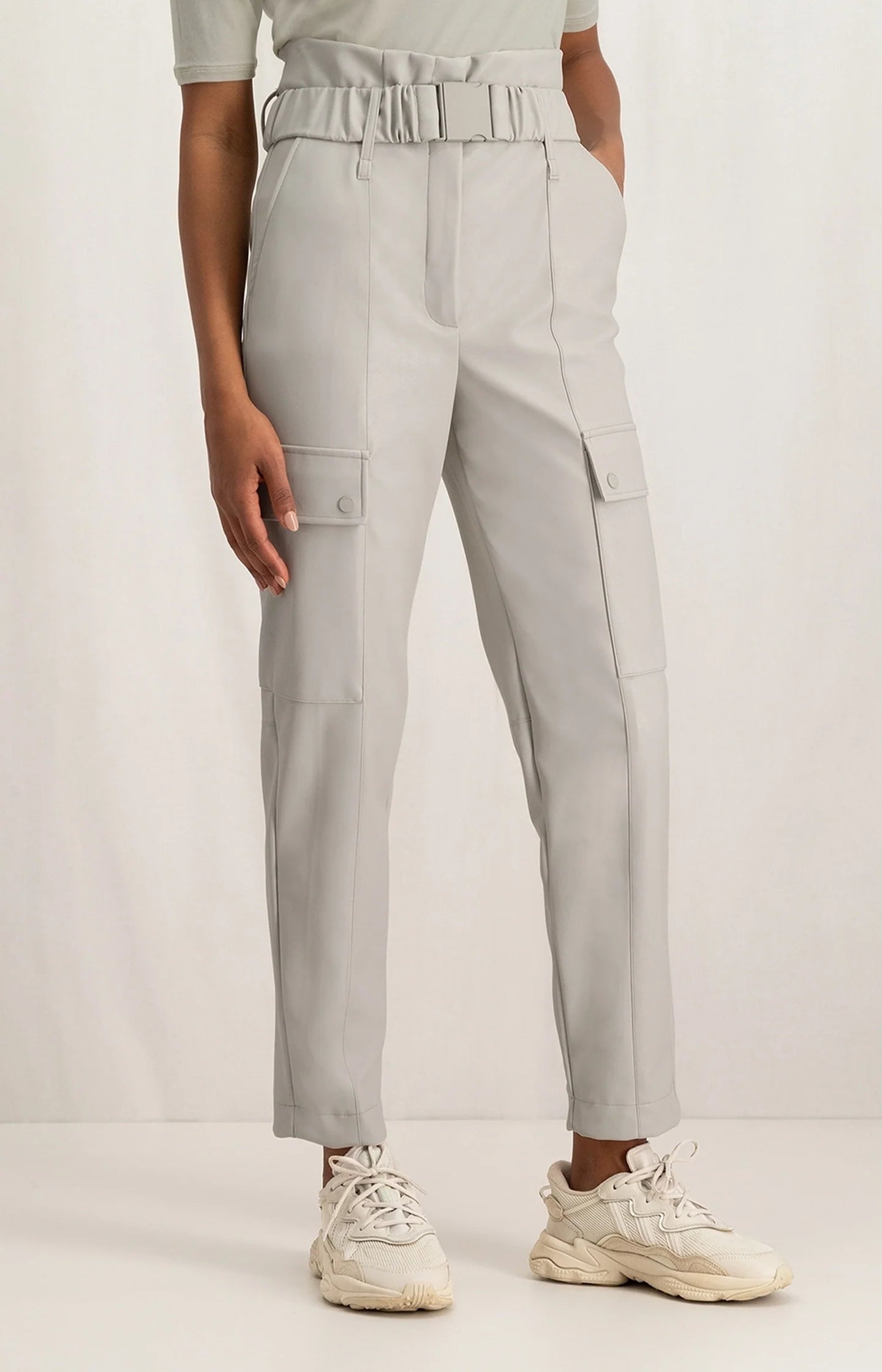 YAYA Faux Leather Cargo Trousers in Beige