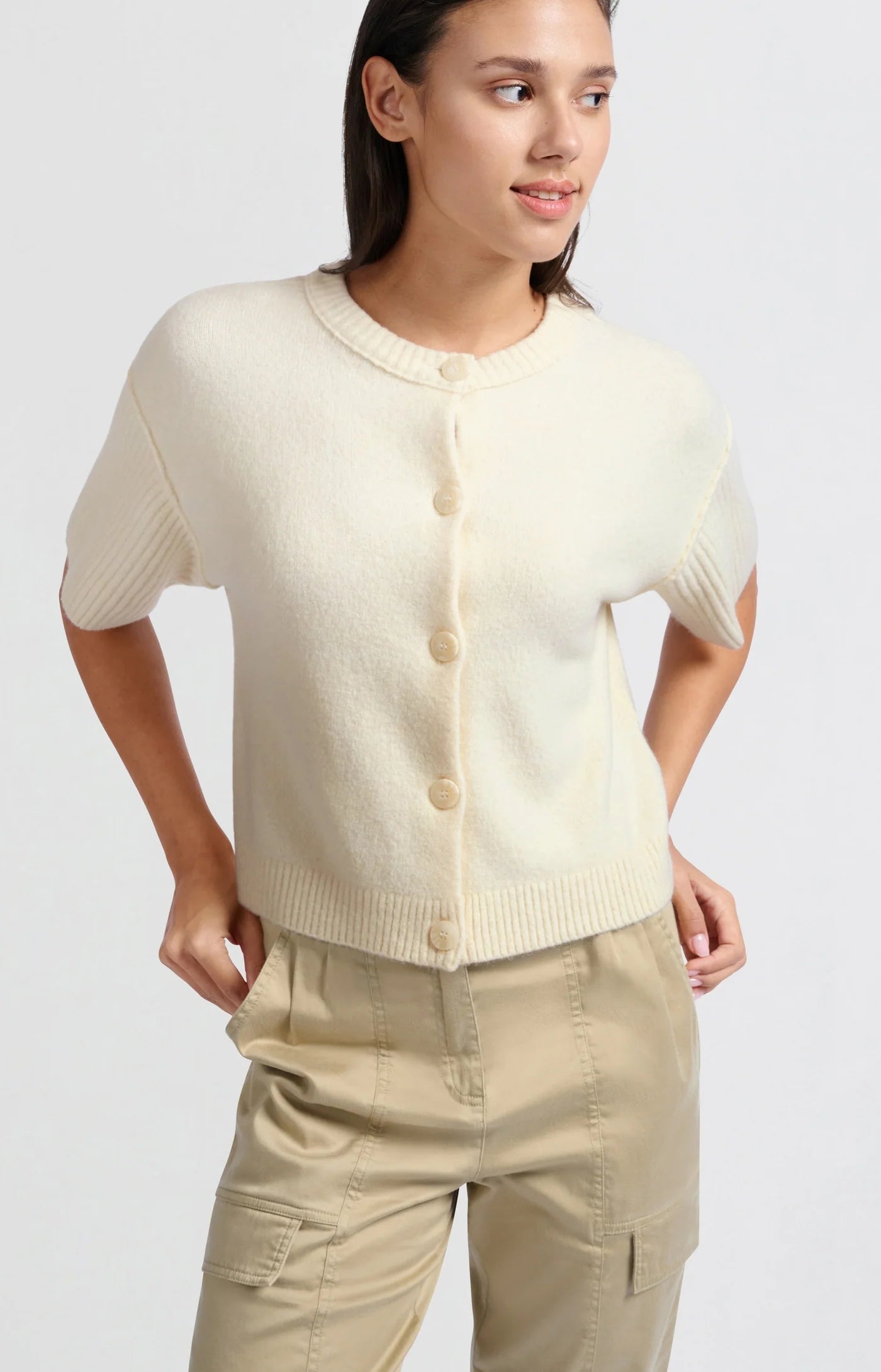 YAYA Fine Knit Short Sleeve Cardigan in White knit