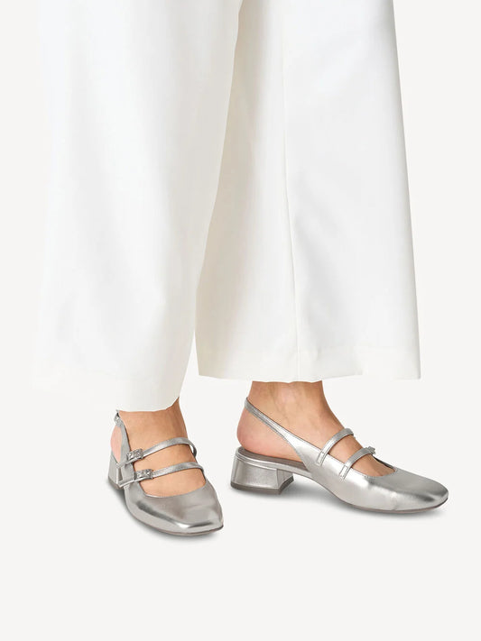 Metallic Sling Pumps in Platinum