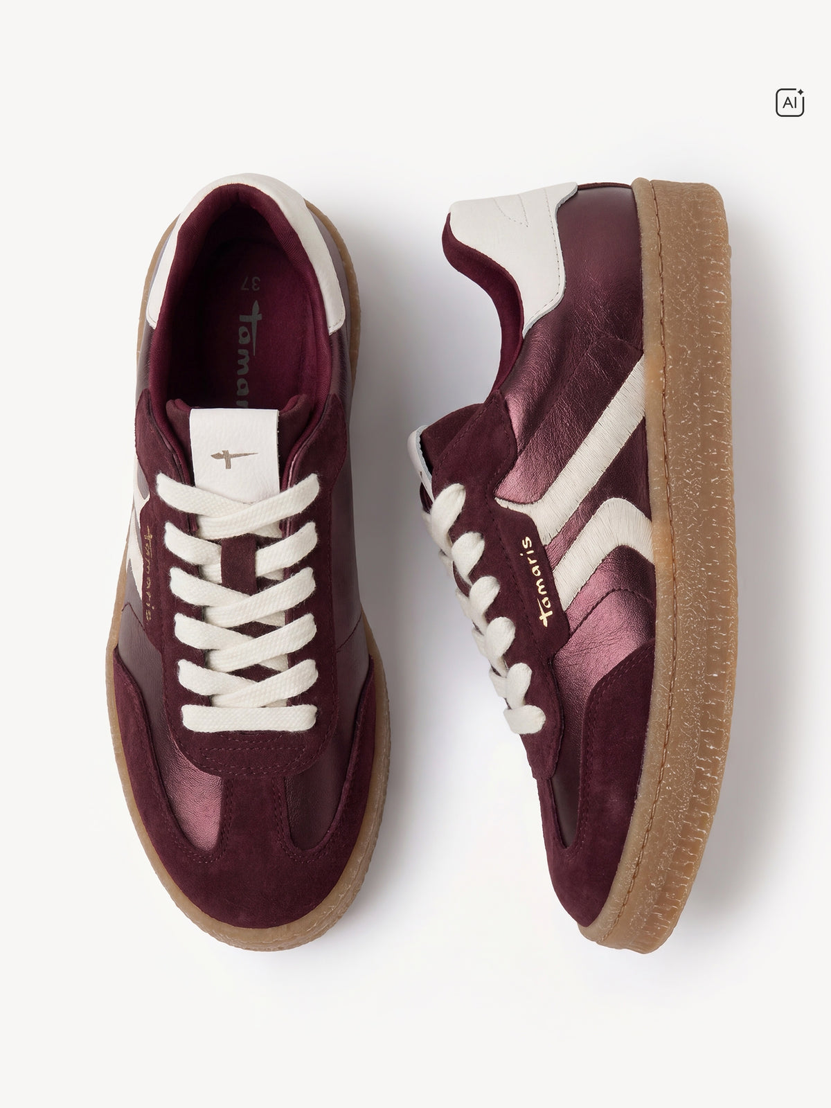 Tamaris Metallic Leather Trainers in Bordeaux