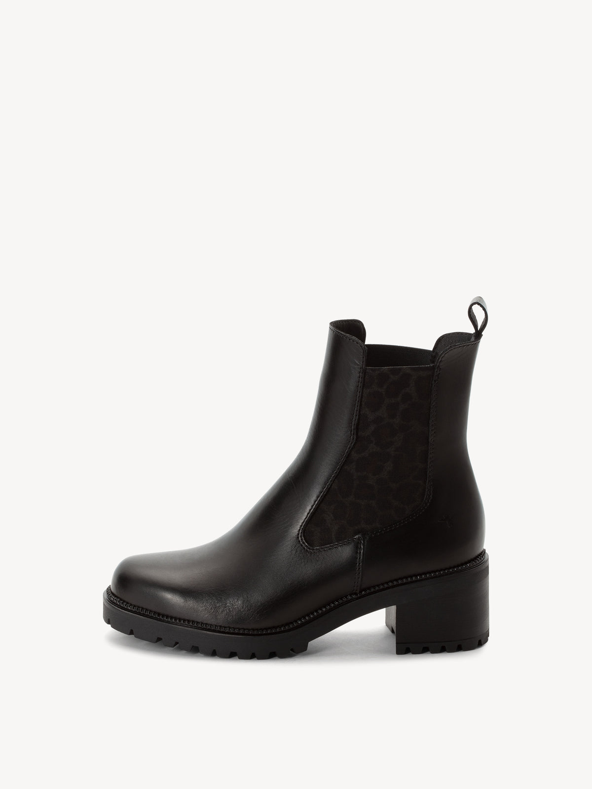 Tamaris Leather Block Heel Chelsea Boots in Black and Leopard