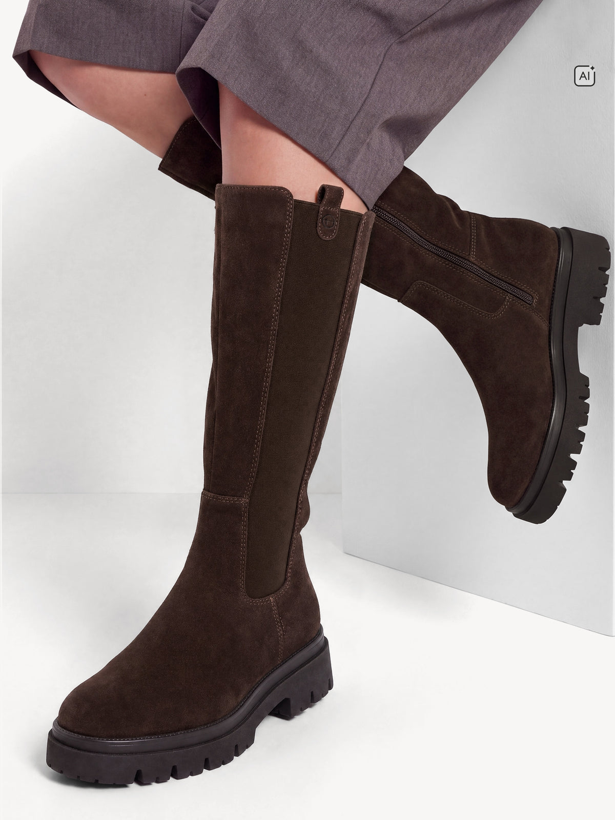 Tamaris Suede Block Heel Knee Boots in Mocca