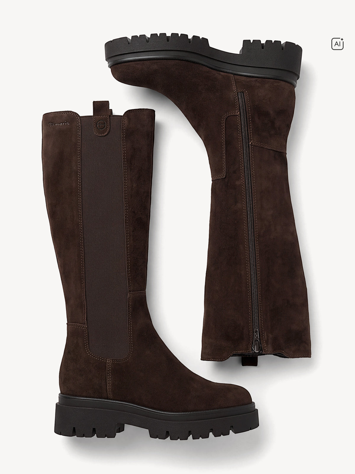 Tamaris Suede Block Heel Knee Boots in Mocca