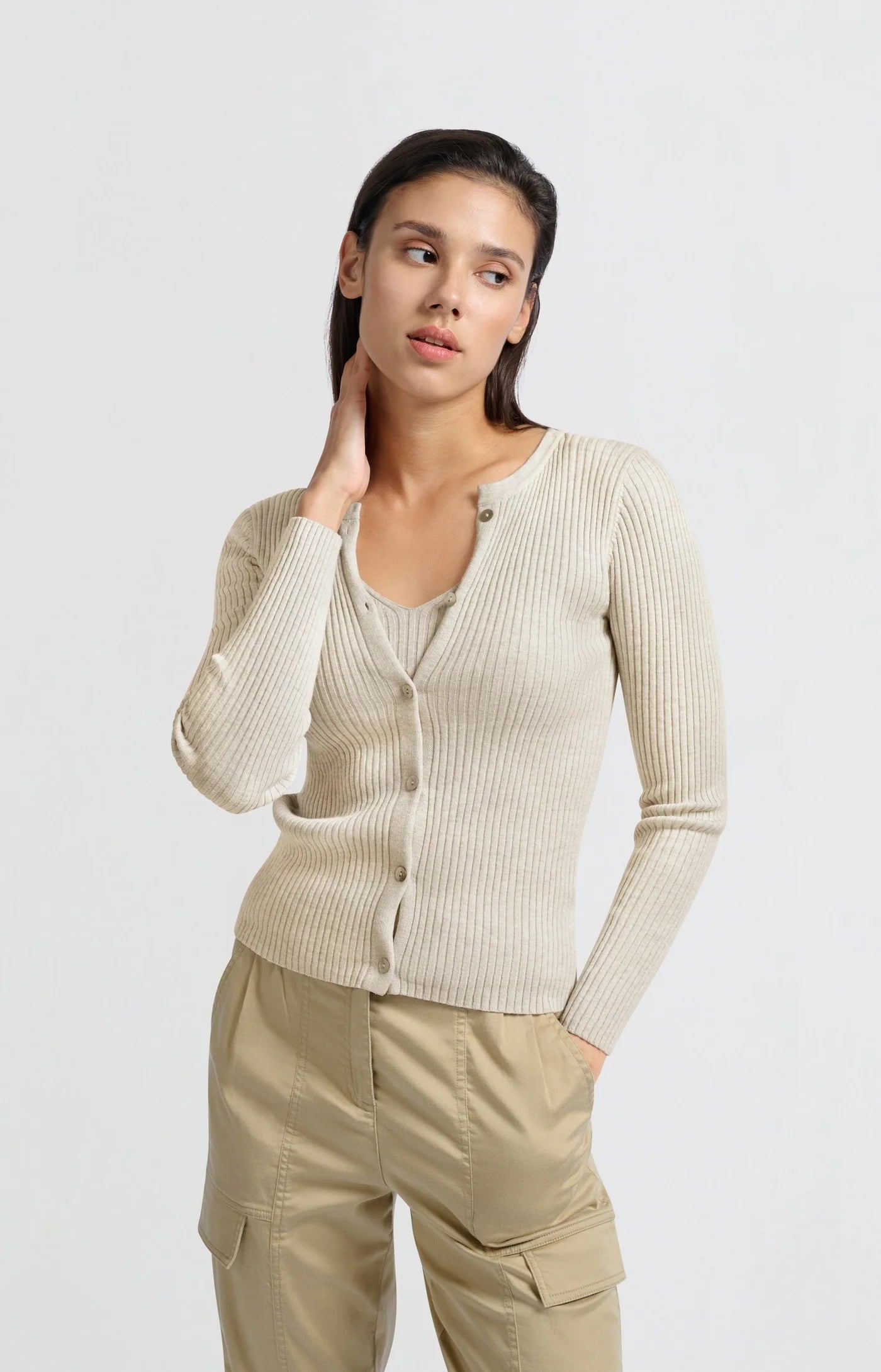 YAYA Ribbed Cardigan in Light Beige