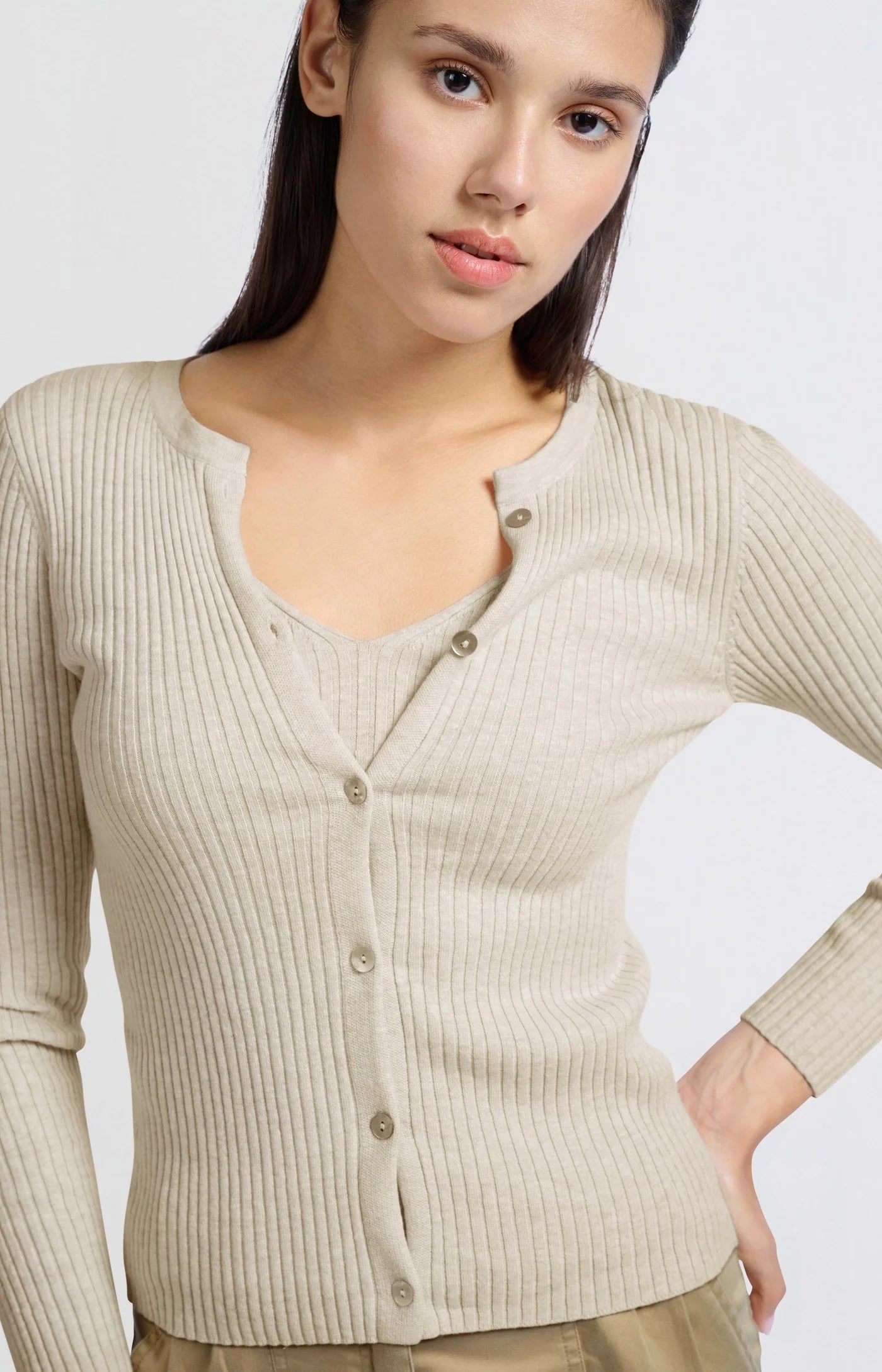 YAYA Ribbed Cardigan in Light Beige