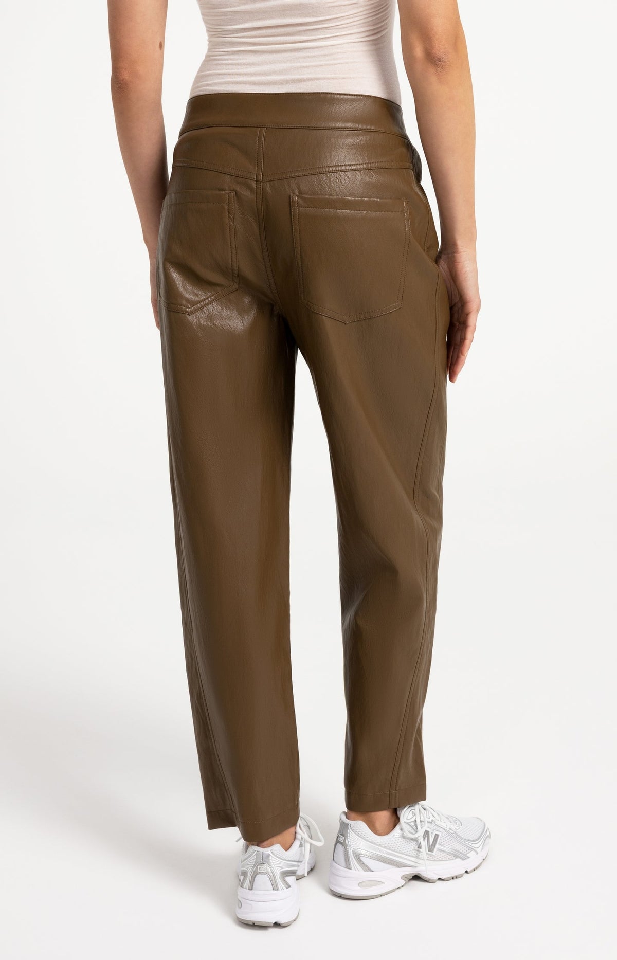 YAYA Faux Leather Carrot Fit Trousers in Teak Brown