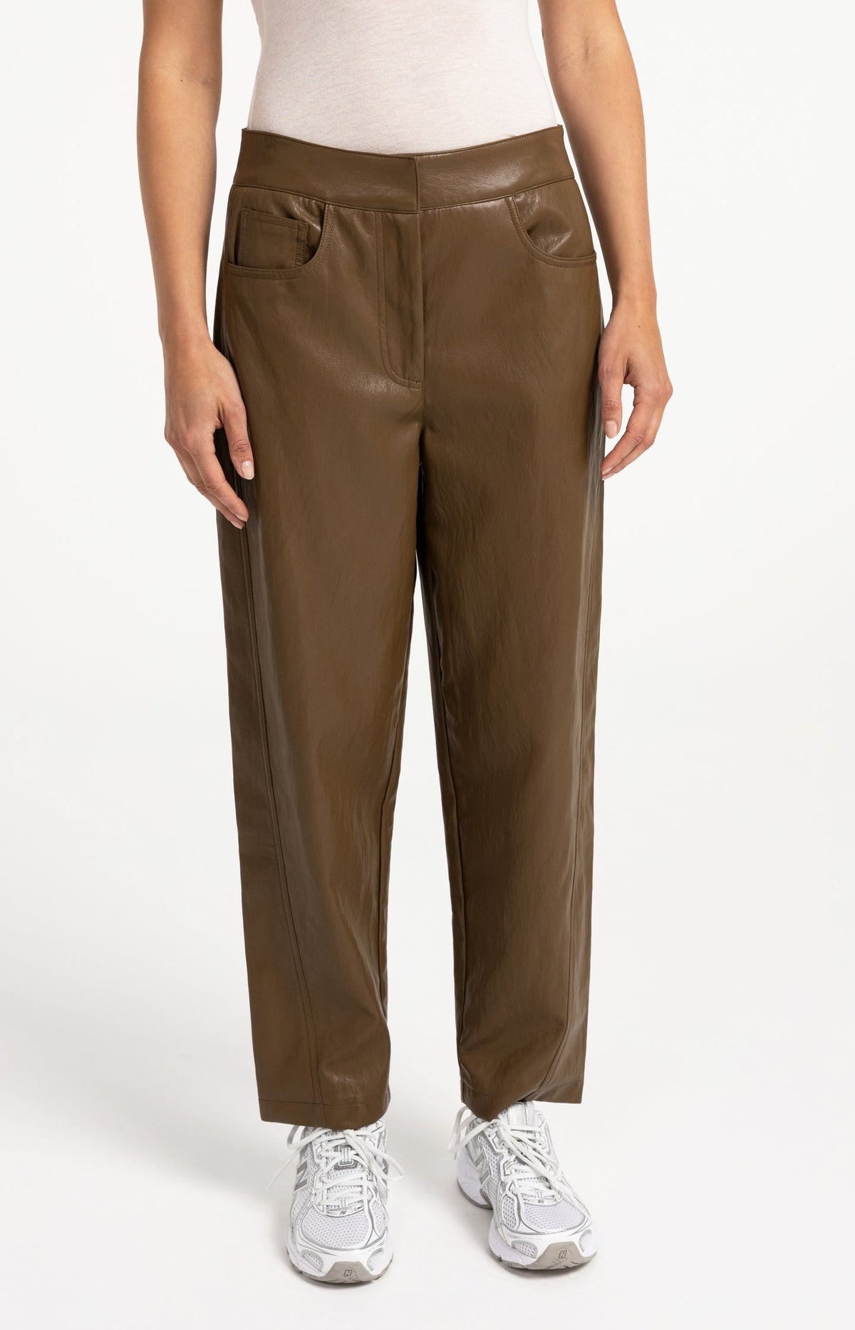 YAYA Faux Leather Carrot Fit Trousers in Teak Brown