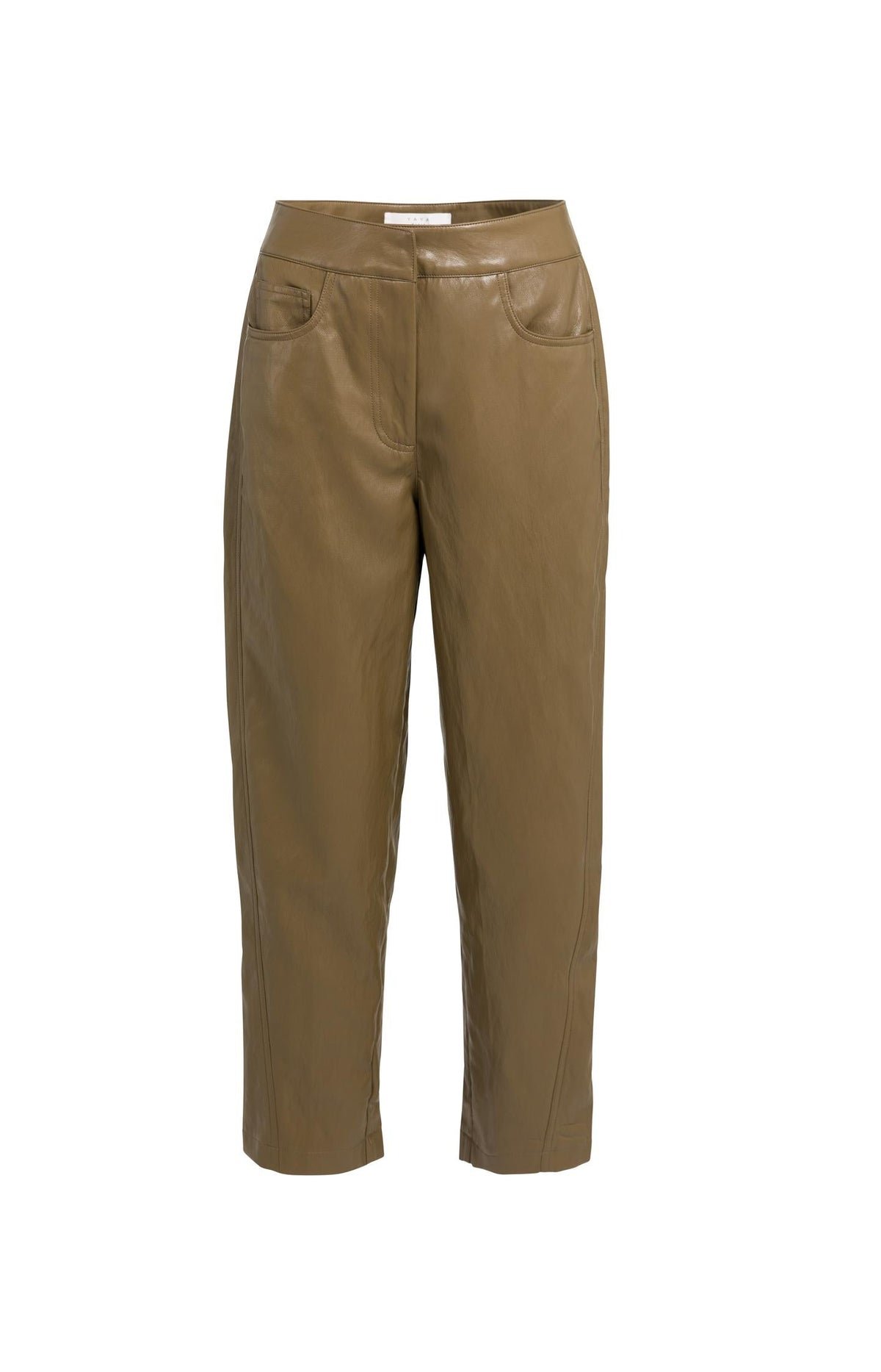 YAYA Faux Leather Carrot Fit Trousers in Teak Brown