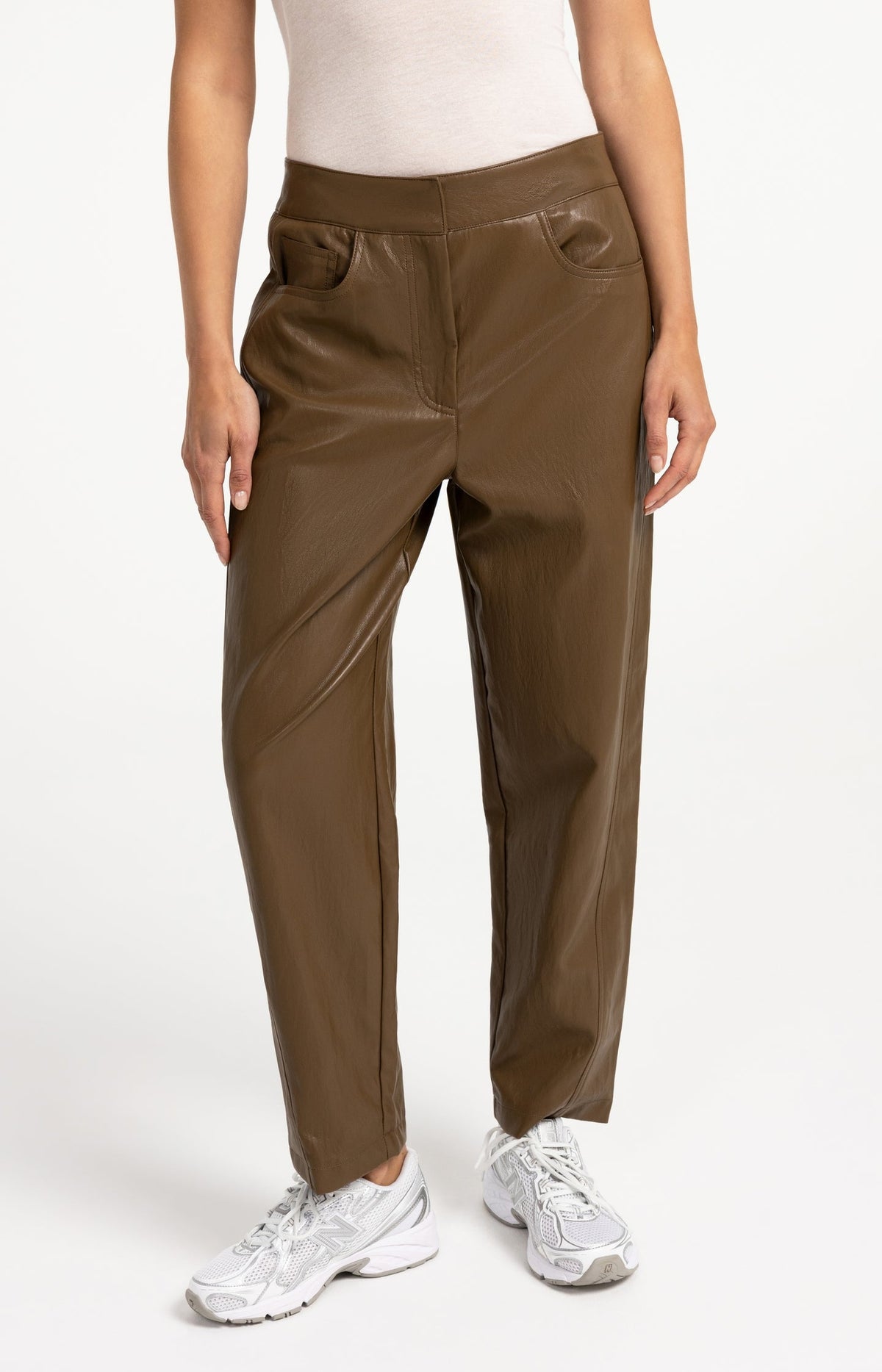 YAYA Faux Leather Carrot Fit Trousers in Teak Brown