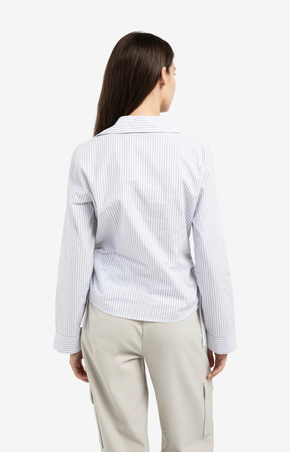 Yaya Fitted Blouse with Side Drawstrings in Grey Stripe