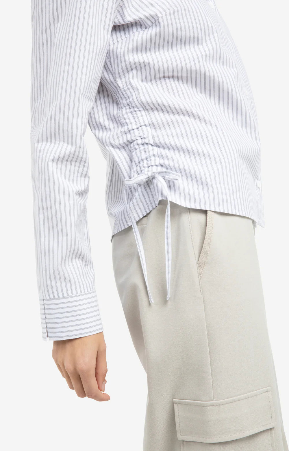 Yaya Fitted Blouse with Side Drawstrings in Grey Stripe