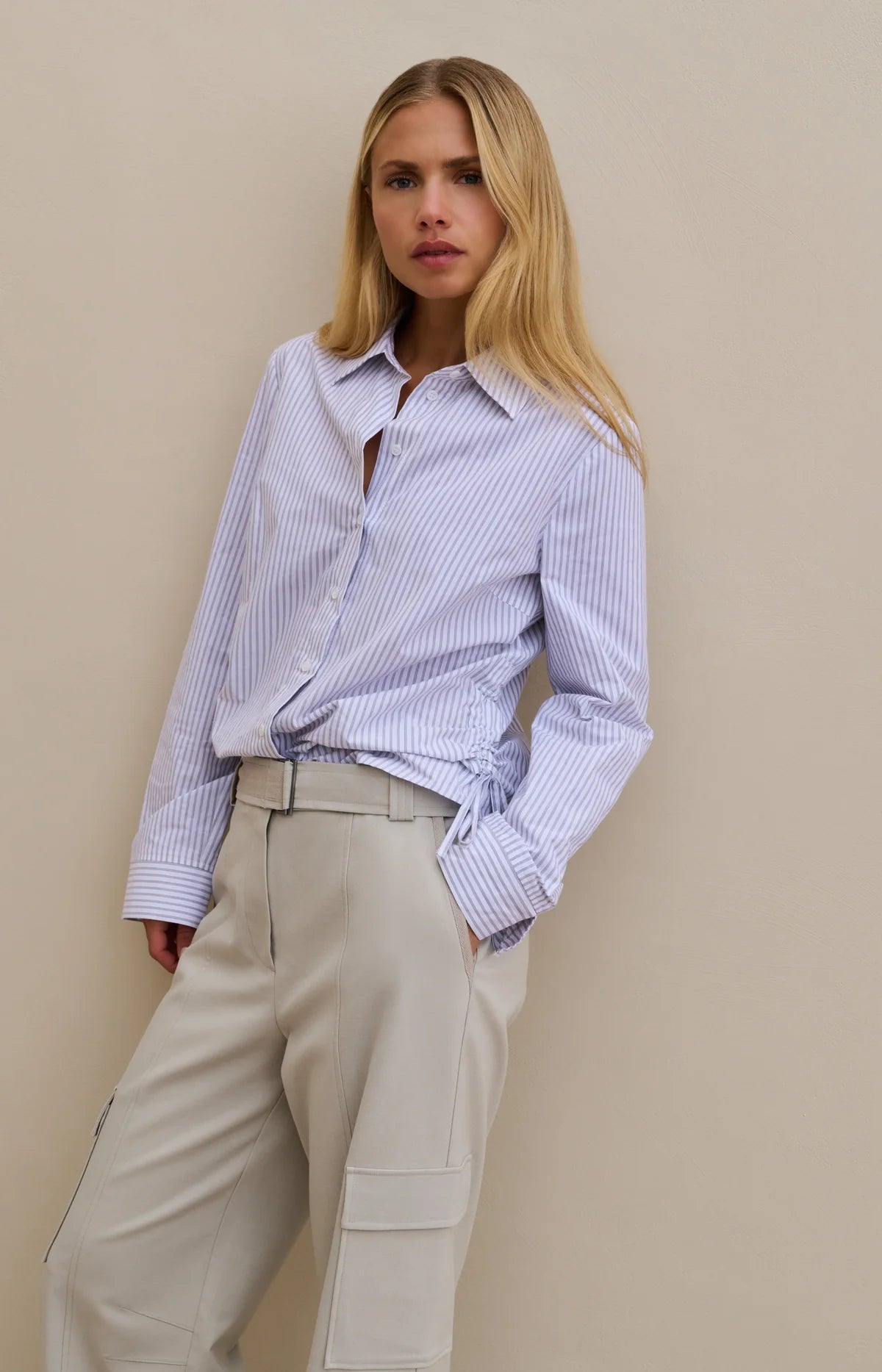 Yaya Fitted Blouse with Side Drawstrings in Grey Stripe