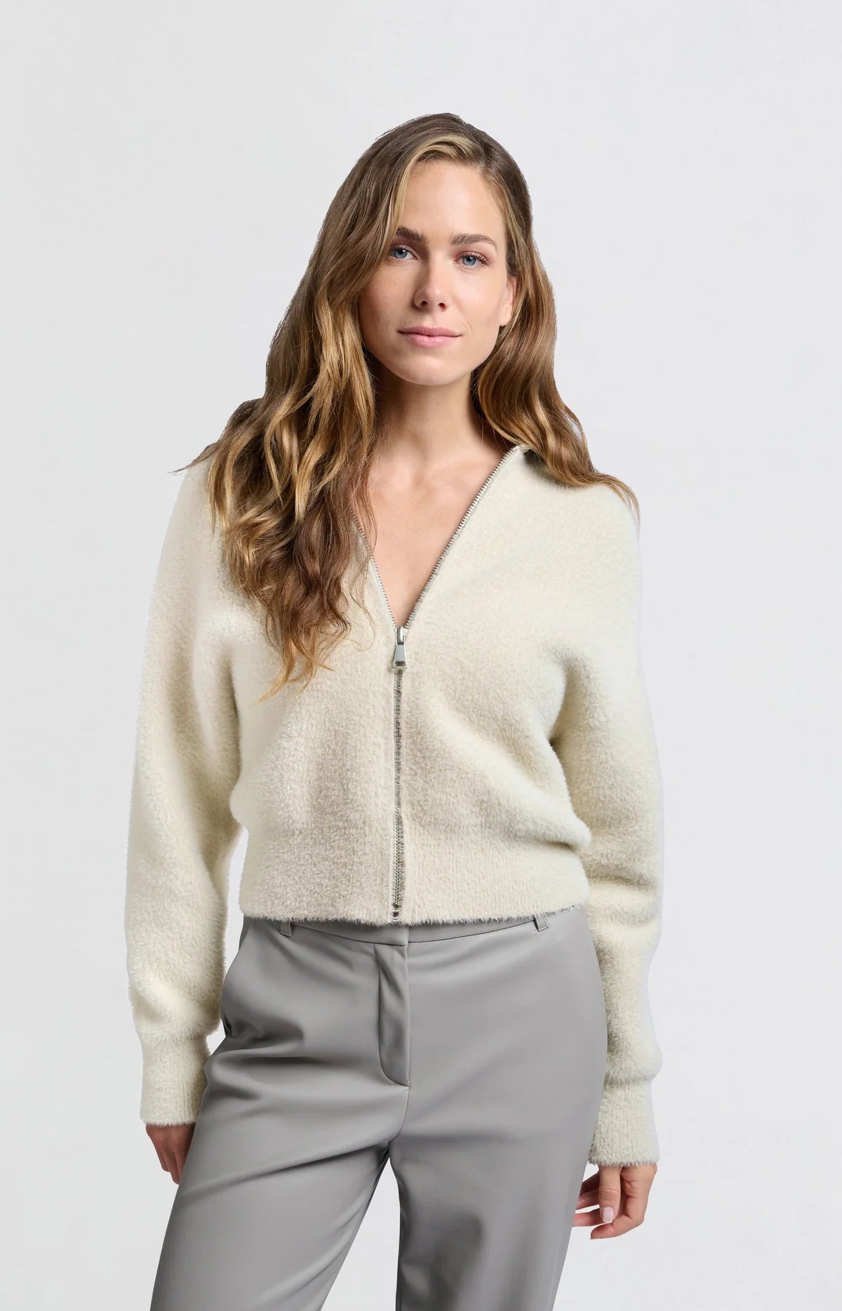 Collared Fluffy Cardigan in Beige